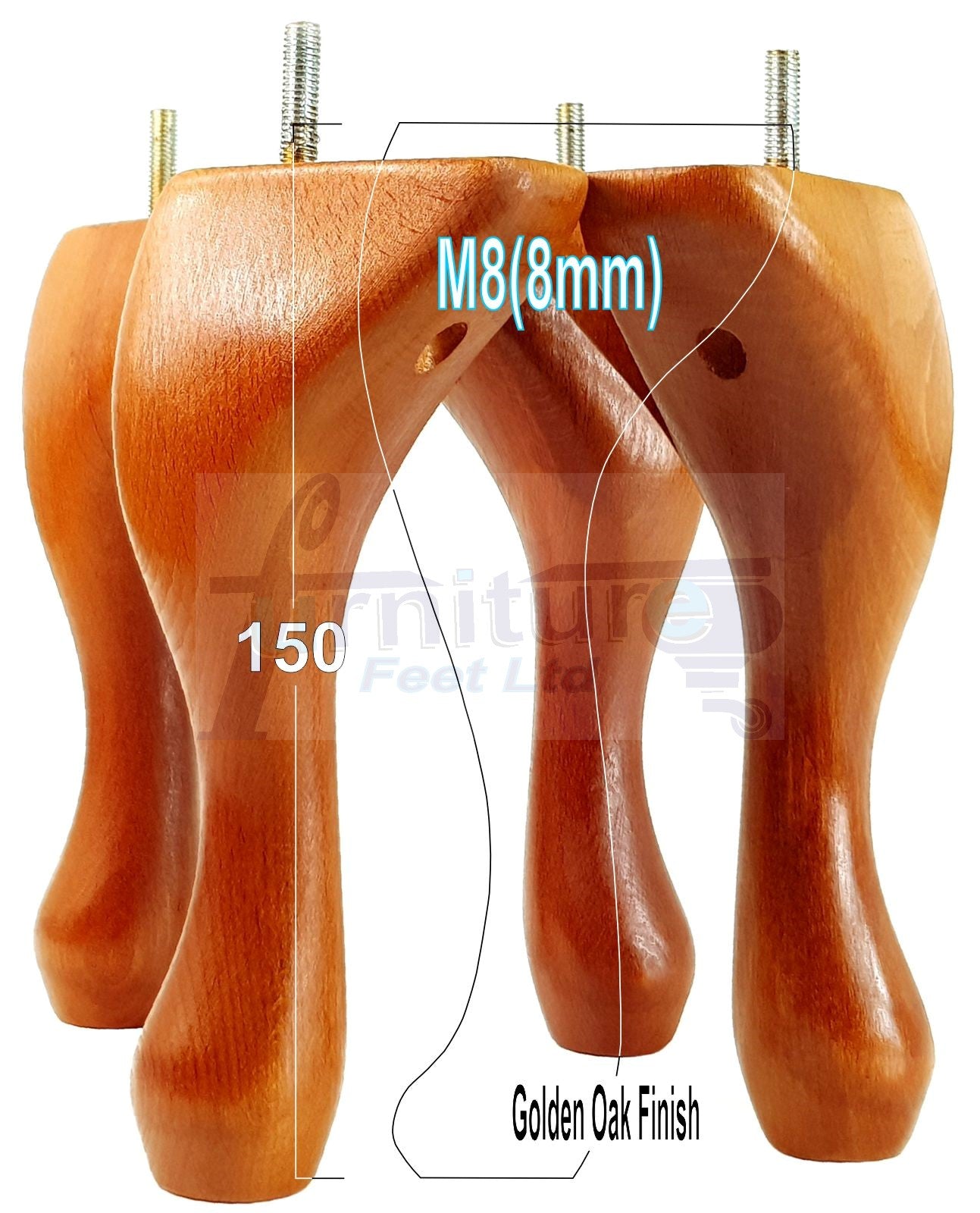 4 Solid Wood Furniture Feet 150mm High Queen Anne Replacement Legs M8 (8mm) 6 Inches Chair Stools Bed Sofa Georgian Style