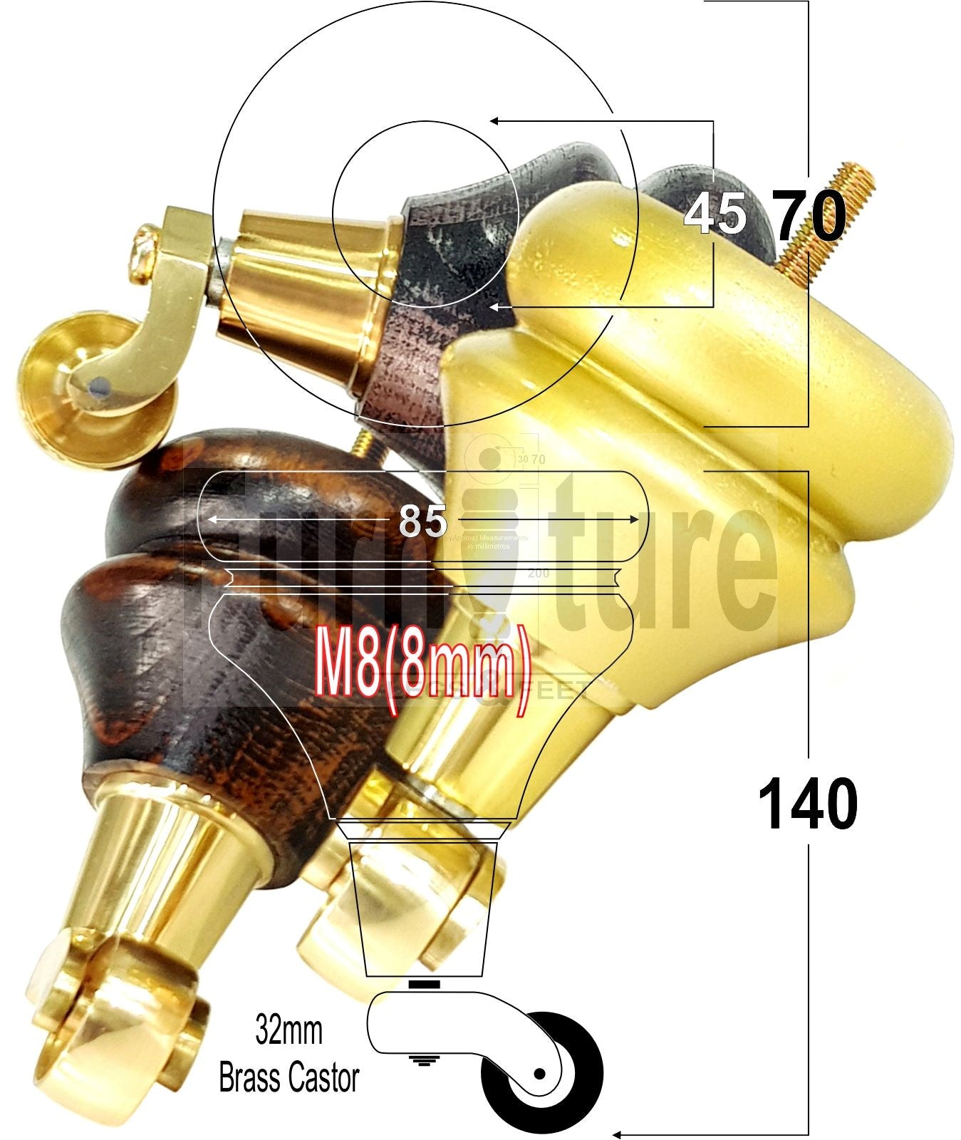 4x Turned Furniture Wood Feet With Brass Castors 140mm Sofas Chairs Settee Cabinets Beds M8(8mm)
