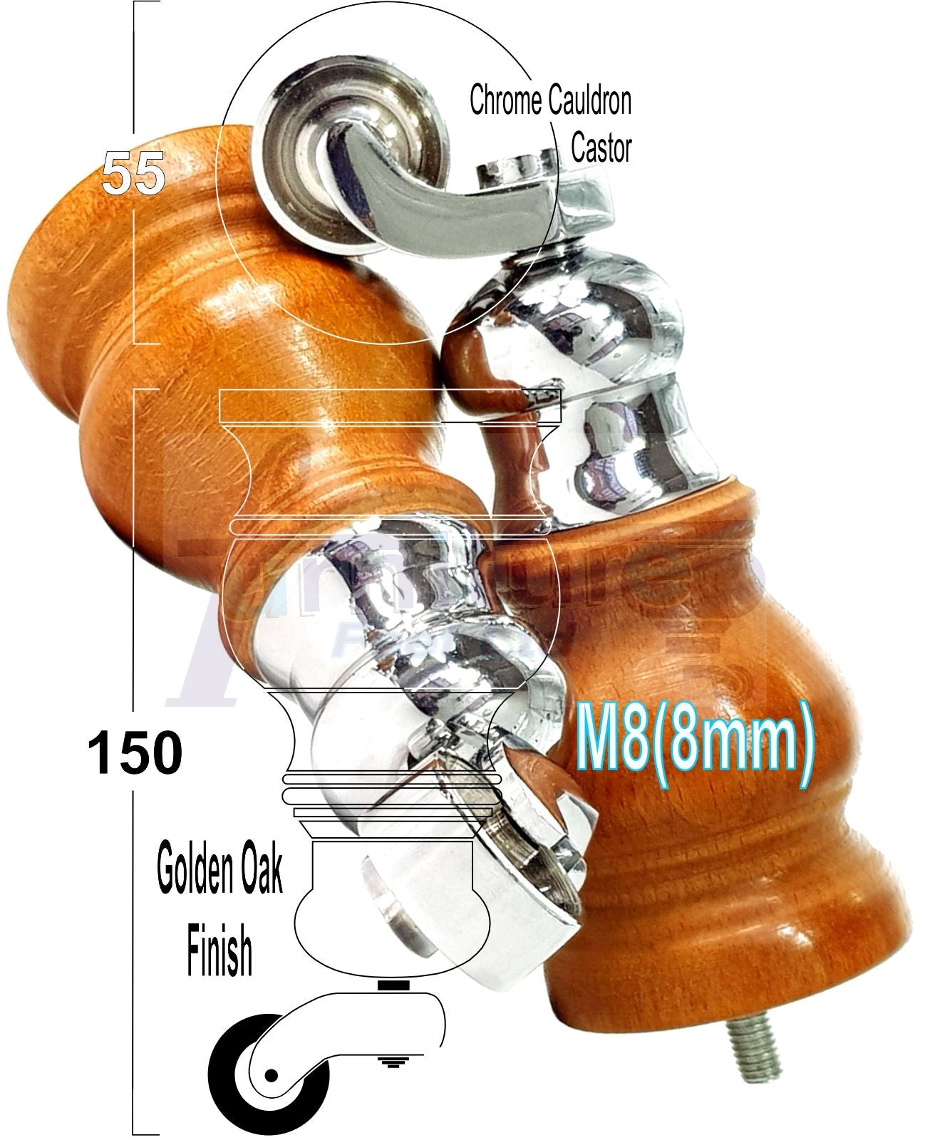 Set Of 4 Turned Wood Furniture Legs With 150mm High Castor 8mm Thread For Chairs Settees & Cabinets Golden Oak Finish