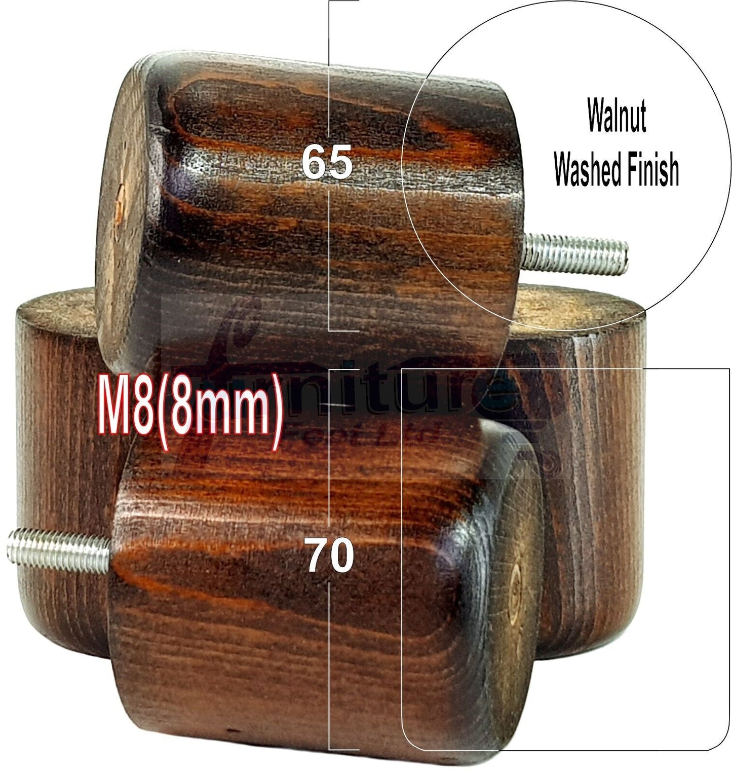 4x Solid Wood Turned Furniture Legs Replacement Bun Feet 70mm High 8mm Thread