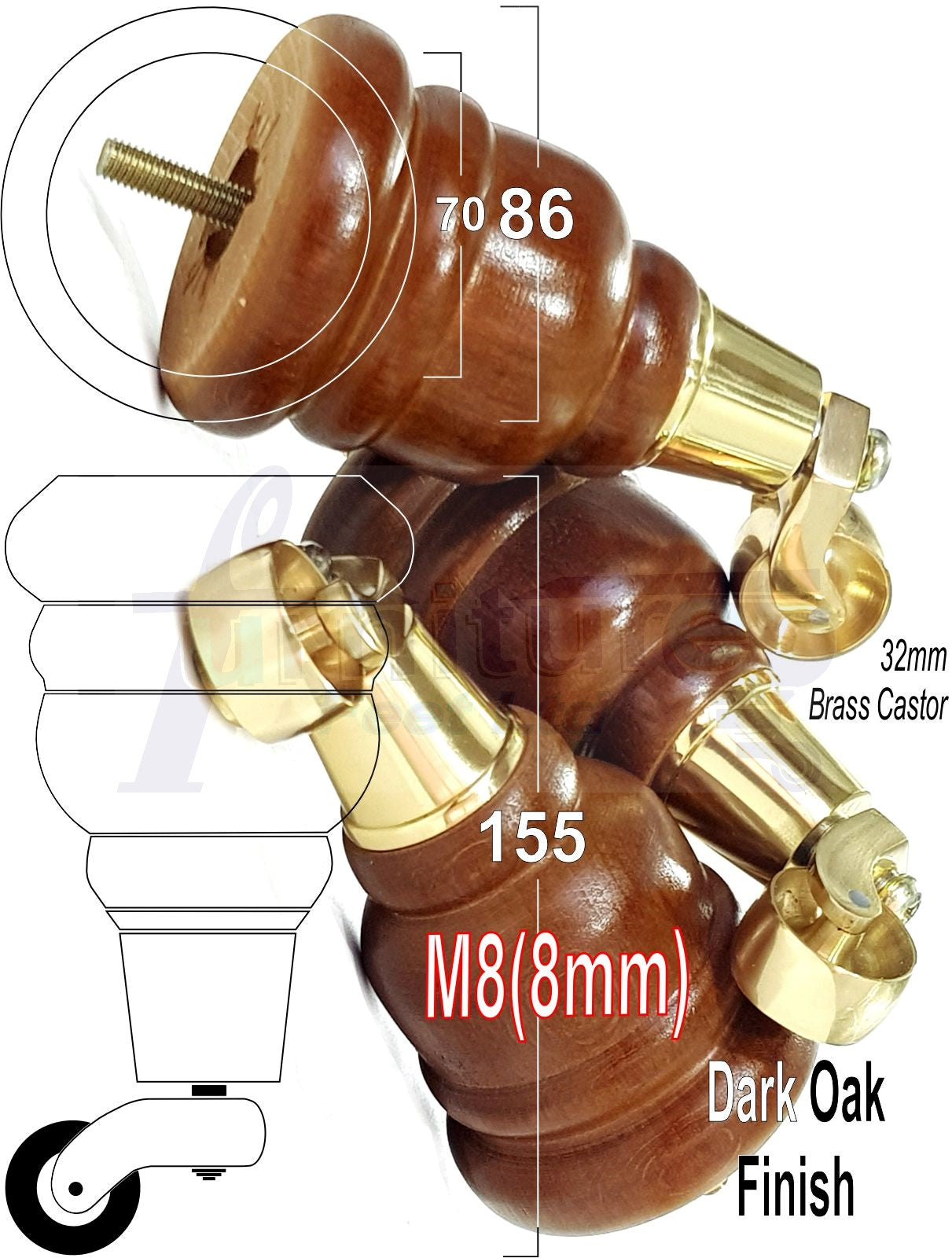 4 Turned Wood Furniture Feet With Brass Castors 155mm Legs Sofas Chairs Stools Cabinets Beds M8 6 Inches