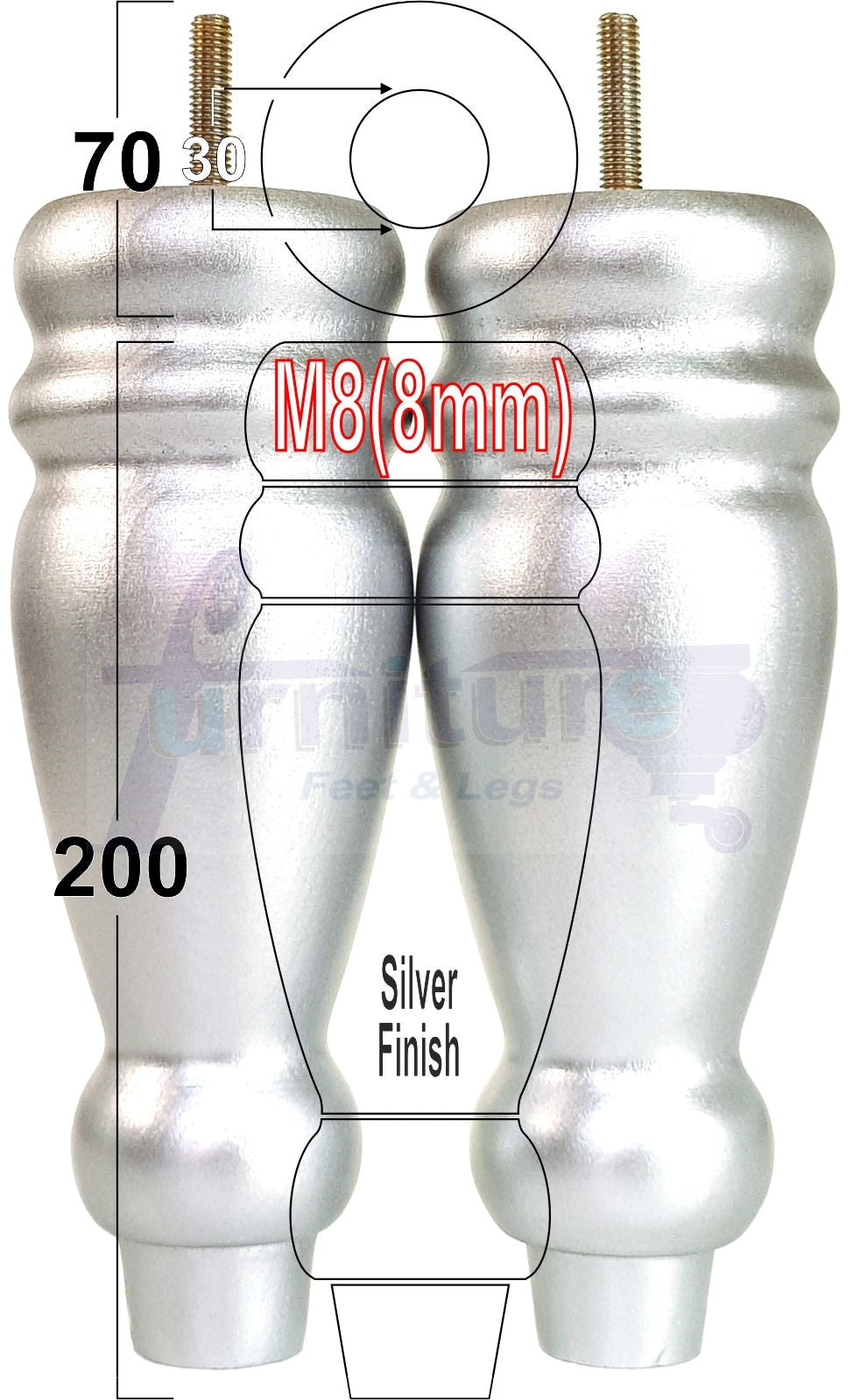 Set Of 4 Turned Furniture Legs Replacement Sofa Feet 200mm High M8 Thread