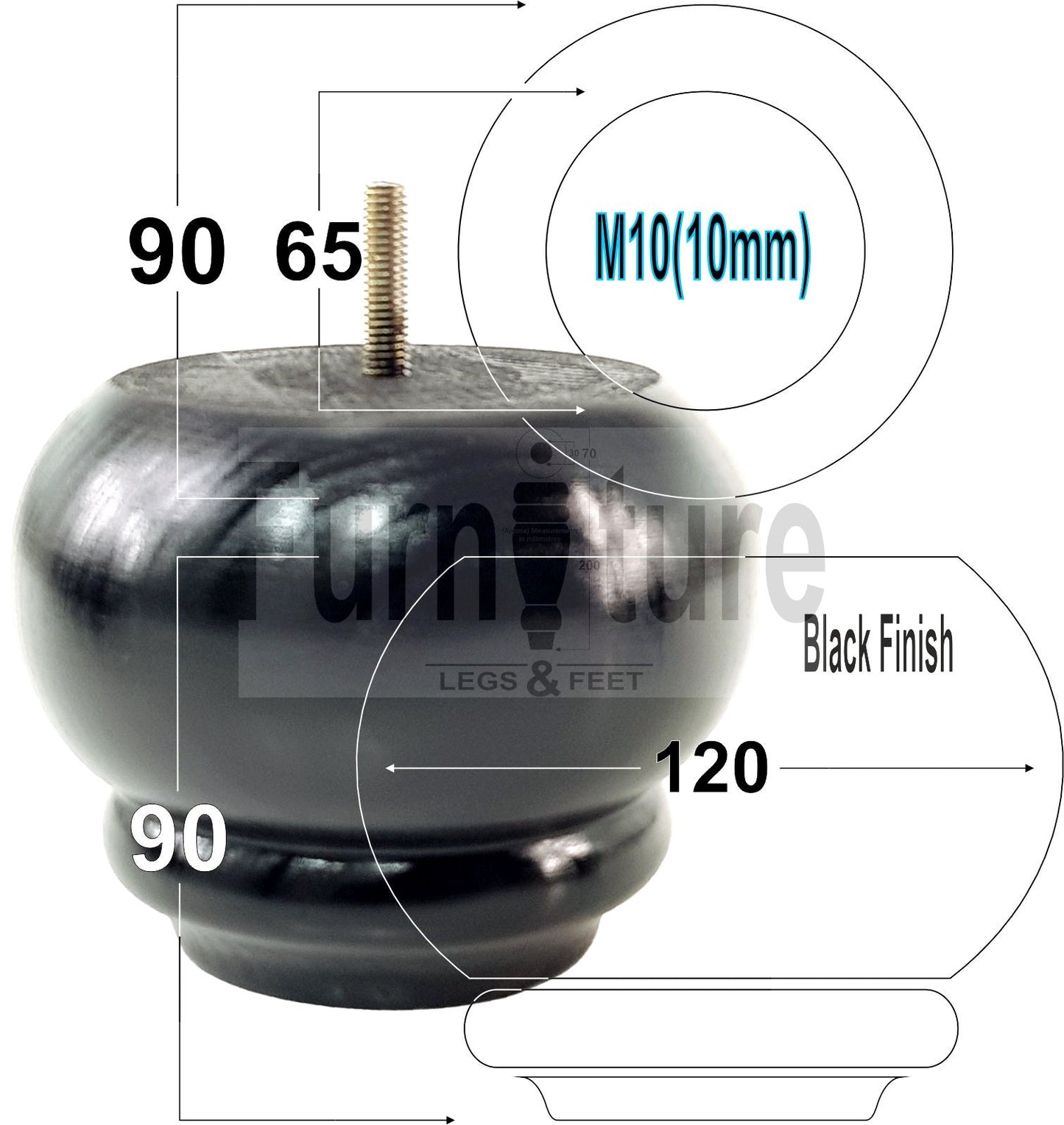  4 Turned Wooden Furniture Legs Replacement Feet 50mm High 10mm Thread For Settees, Chairs