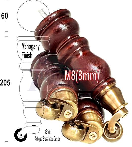 4 Turned Wood Furniture Feet With Antique Vase Castor 205mm High Legs Mahogany Finish M8 Sofas Chairs Stools Cabinets 8 Inches Tall 