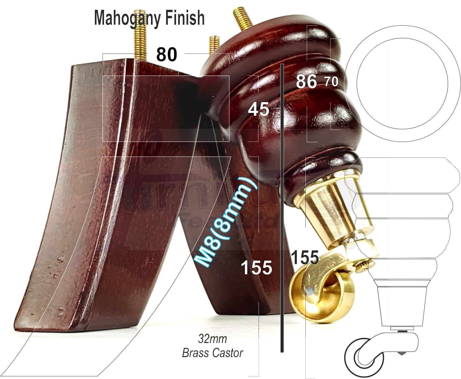 Mahogany Turned Wood Furniture Feet 2 With Castors 155mm and 2 Curved Back Legs Sofas Chairs Stools Cabinets Beds M8 6 Inches