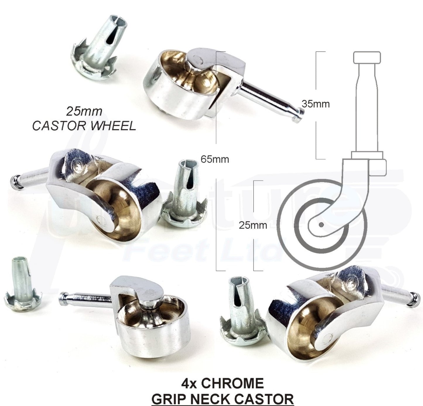 Chrome Castor & Socket 32mm Wheel Push In, Grip Neck Castors For Furniture