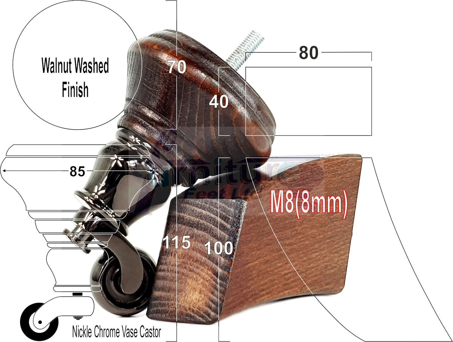 2 Dark Walnut Washed Wood Furniture Sofa Feet With Castor 125mm & 2 Curved Legs Chair Settee 100mm High M8