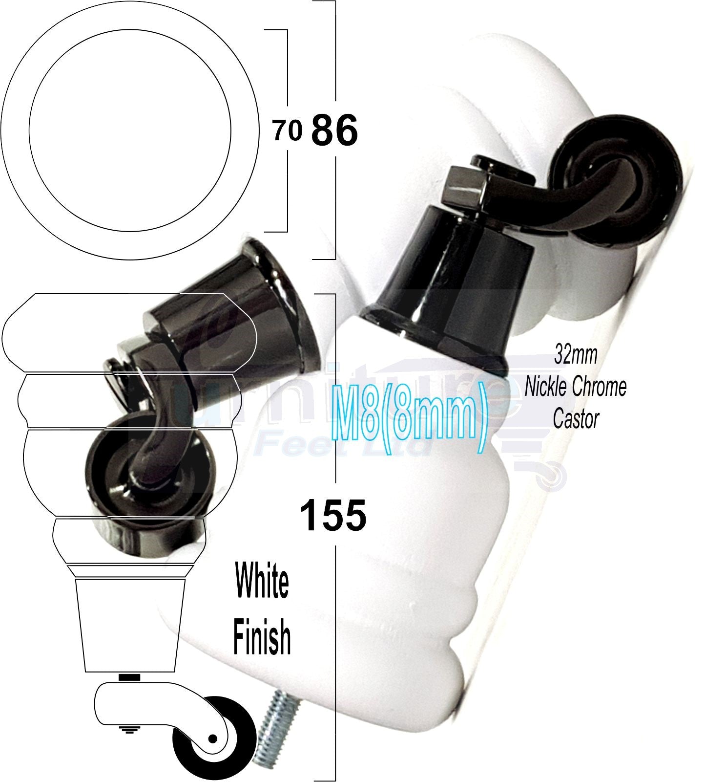 4 Turned Wood Furniture Feet With Black Chrome Castors 155mm Legs Sofas Chairs Stools Cabinets Beds M8 6 Inches