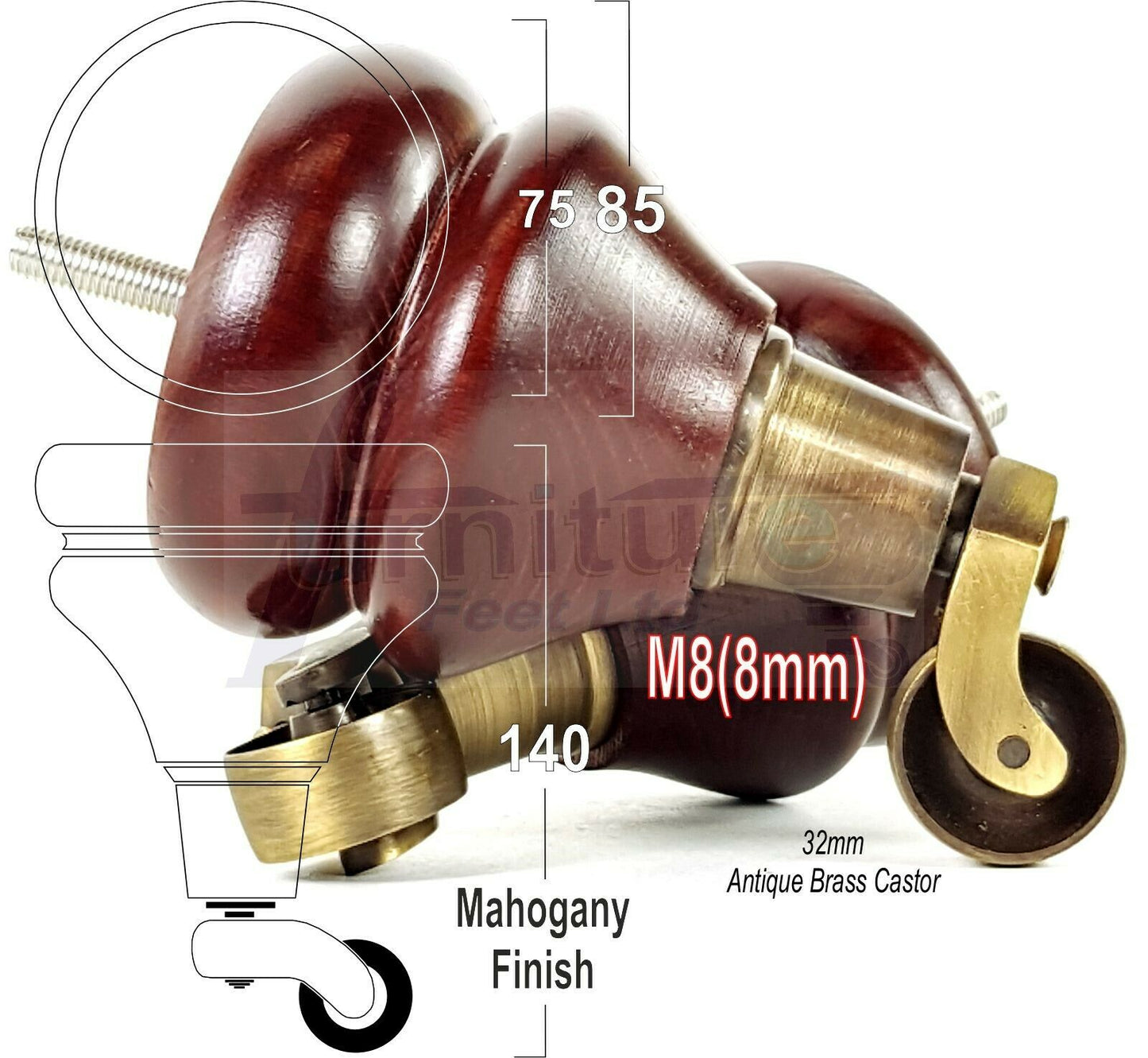 Set Of 2 Turned Furniture Wood Feet With Castors 140mm Sofas Chairs Settee Cabinets Beds M8(8mm)