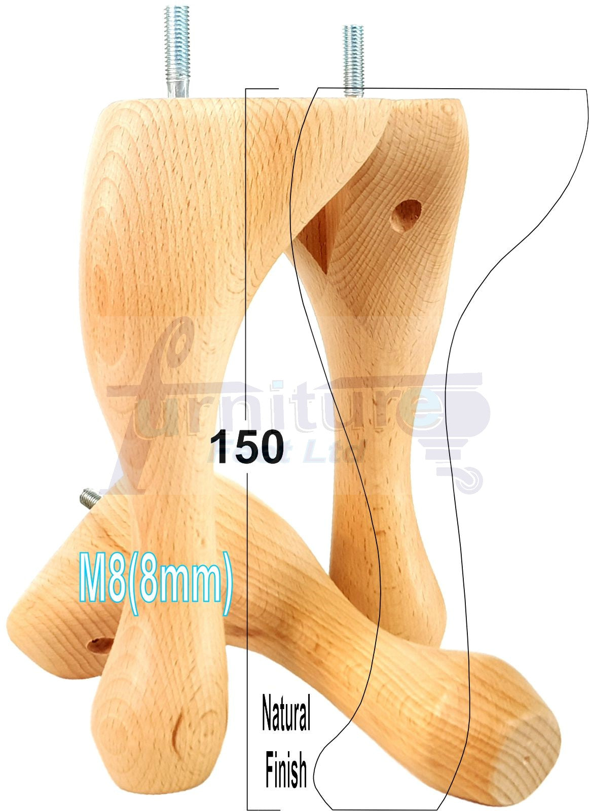 4 Solid Wood Furniture Feet 150mm High Queen Anne Replacement Legs M8 (8mm) 6 Inches Chair Stools Bed Sofa Georgian Style