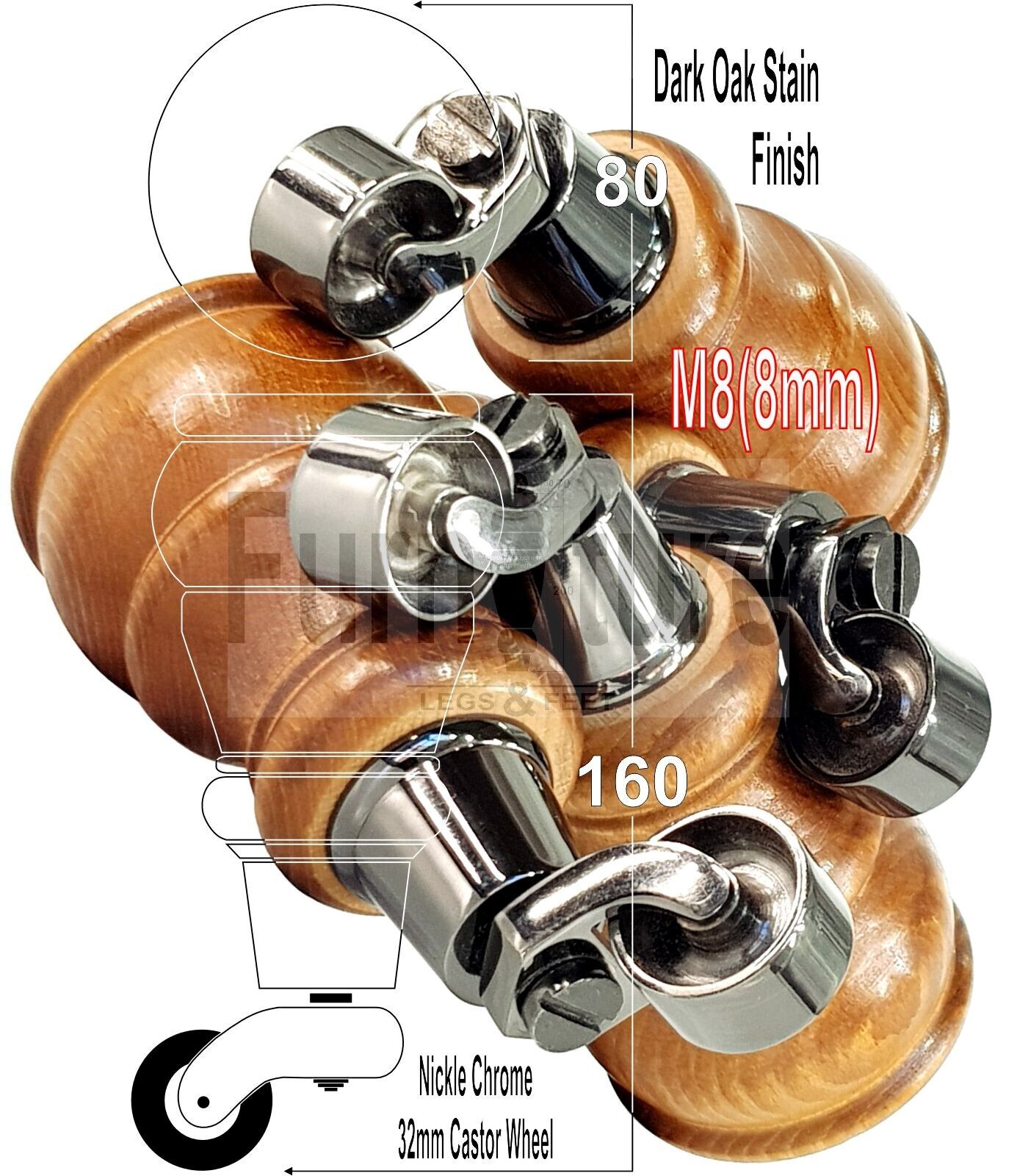 4 Turned Wood Feet Dark Oak Stain Castor Legs Chair Furniture Stools Sofa Chairs M8 160mm 6 Inch High