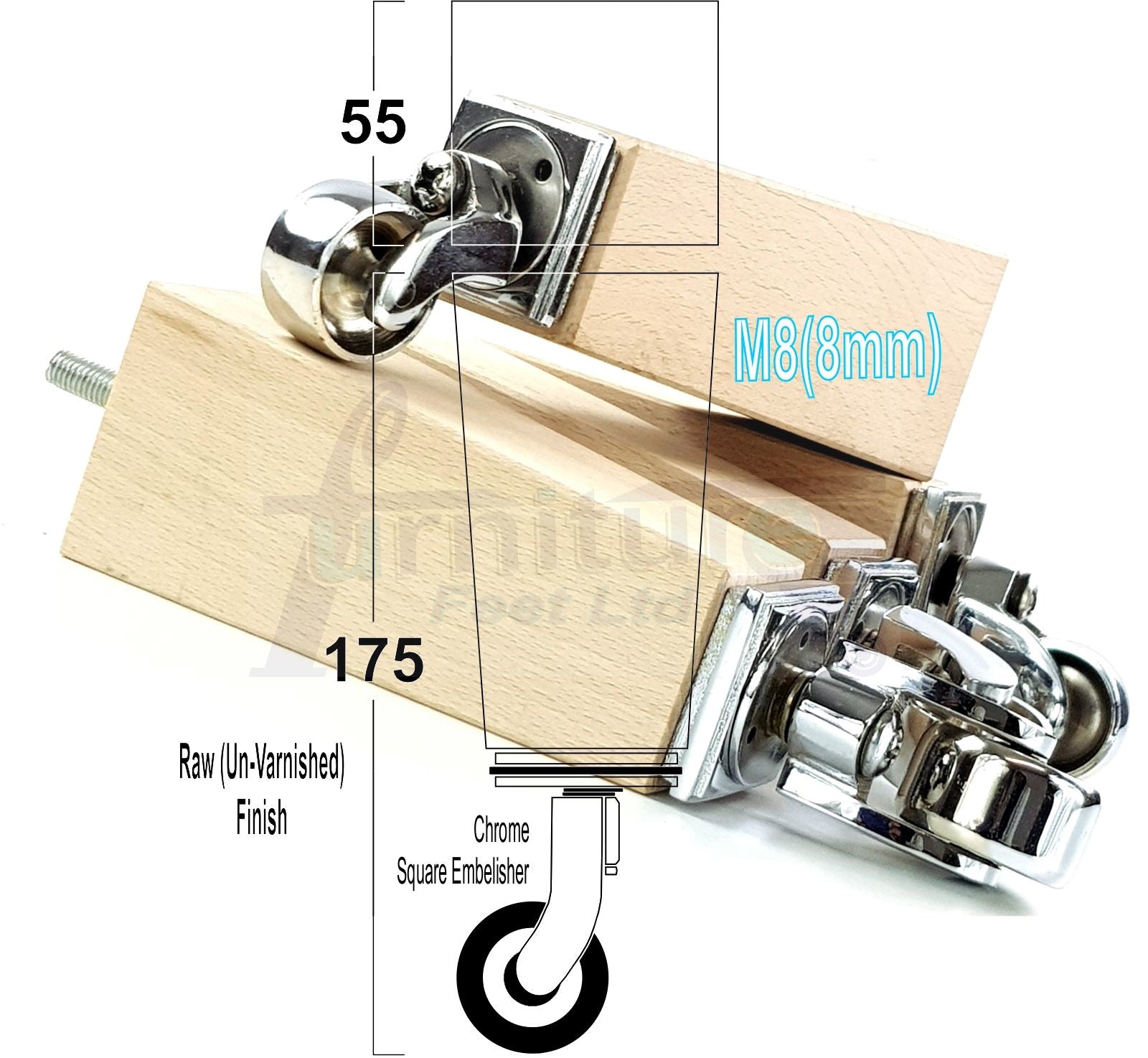 4x Solid Wood Furniture Legs Chair Sofa Bed Replacement Feet 175mm High With Chrome Castors 8mm Thread