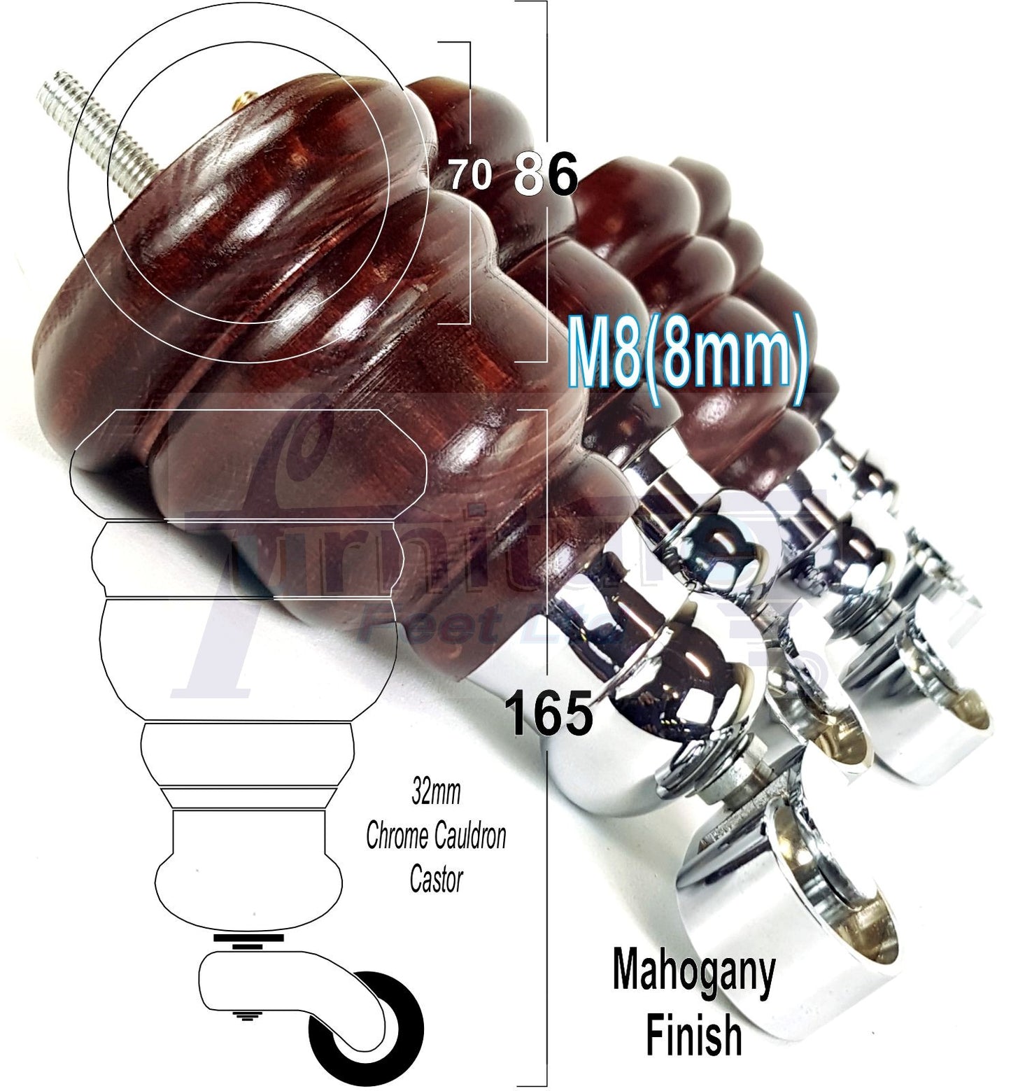 4 Turned Wood Furniture Feet With Chrome Cauldron Castors 155mm Legs Sofas Chairs Stools Cabinets Beds M8 6 Inches