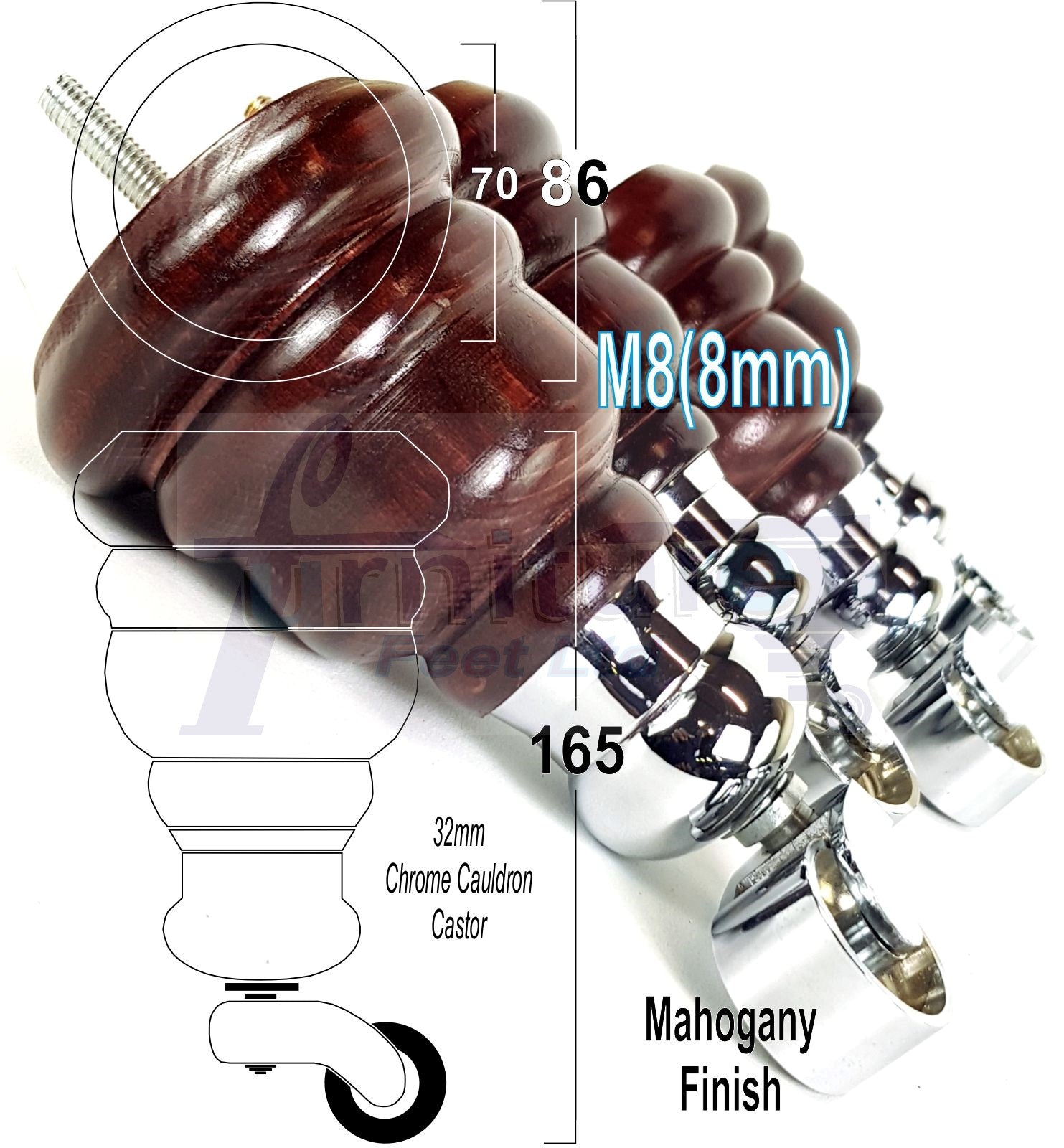 4 Turned Wood Furniture Feet With Chrome Cauldron Castors 155mm Legs Sofas Chairs Stools Cabinets Beds M8 6 Inches