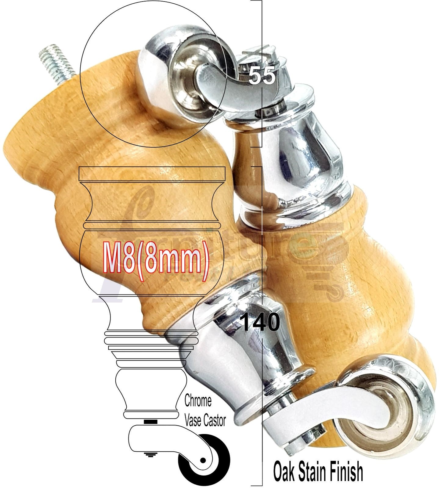 4x Turned Wood Furniture Legs With Chrome Castor Wheels 150mm High M8(8mm)