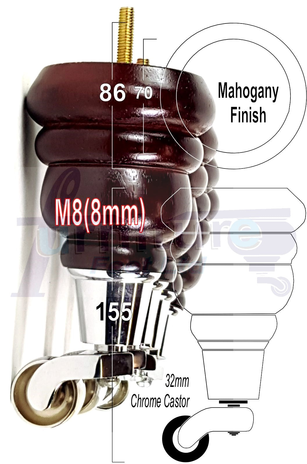 4 Turned Wood Furniture Feet With Chrome Castors 155mm Legs Sofas Chairs Stools Cabinets Beds M8 6 Inches