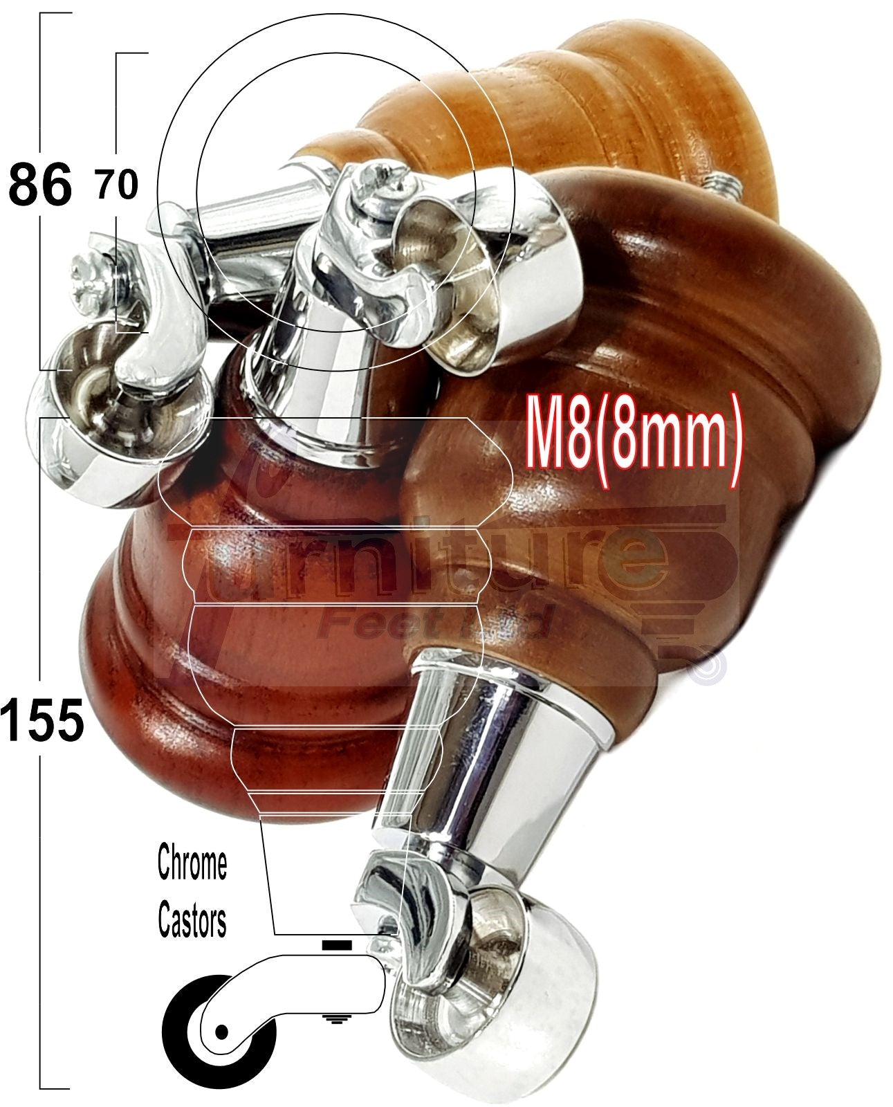 4 Turned Wood Furniture Feet With Chrome Castors 155mm Legs Sofas Chairs Stools Cabinets Beds M8 6 Inches