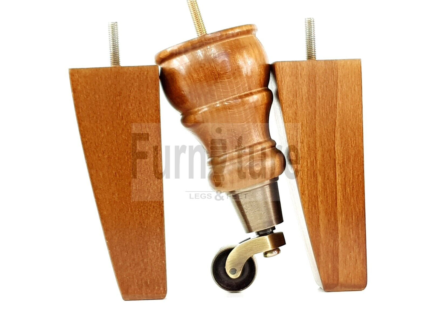 2 Wooden Castor Furniture Sofa Legs & 2 Curved Back Feet  Dark Oak Stain M8 Chair Settee Feet 160mm High