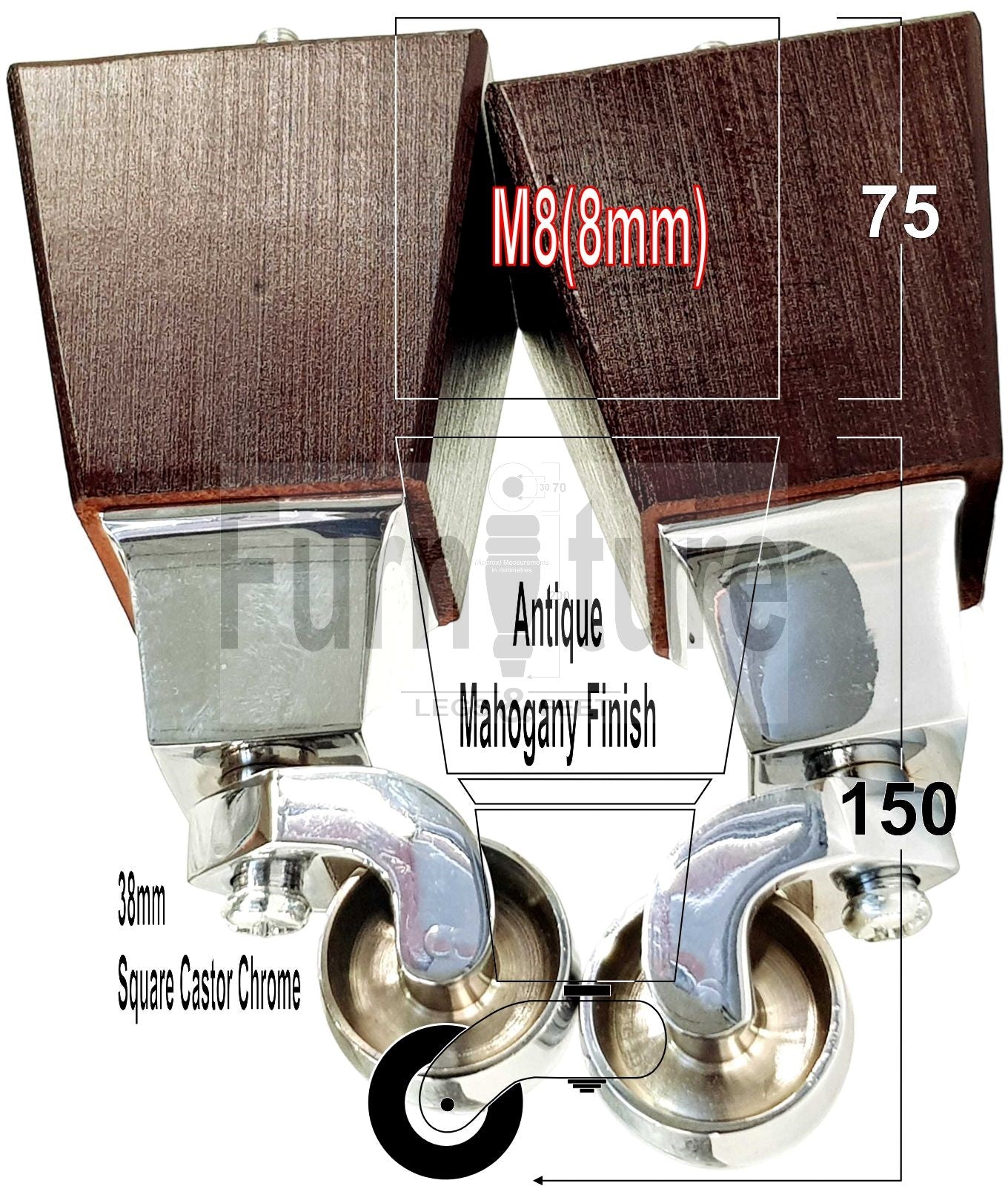 4x Block Wood Furniture Legs With Castor 8mm Thread For Chairs Settees Sofa 150mm High Mahogany