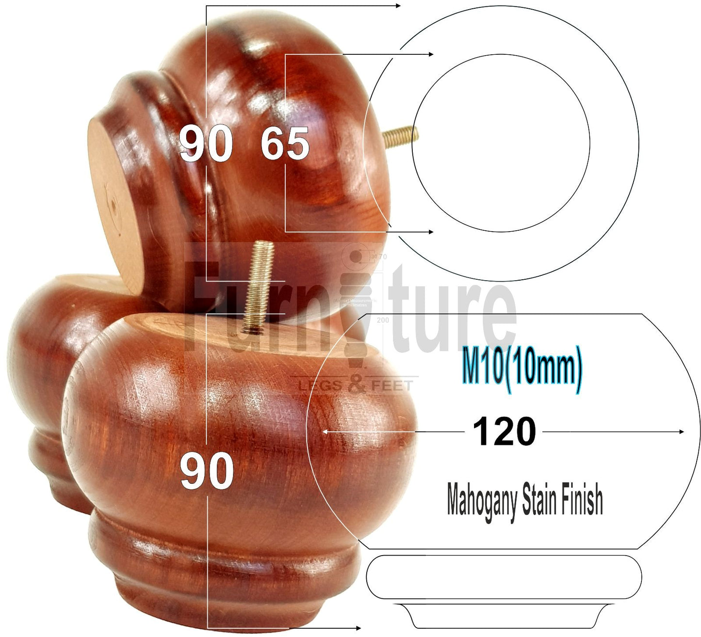  4 Turned Wooden Furniture Legs Replacement Feet 50mm High 10mm Thread For Settees, Chairs