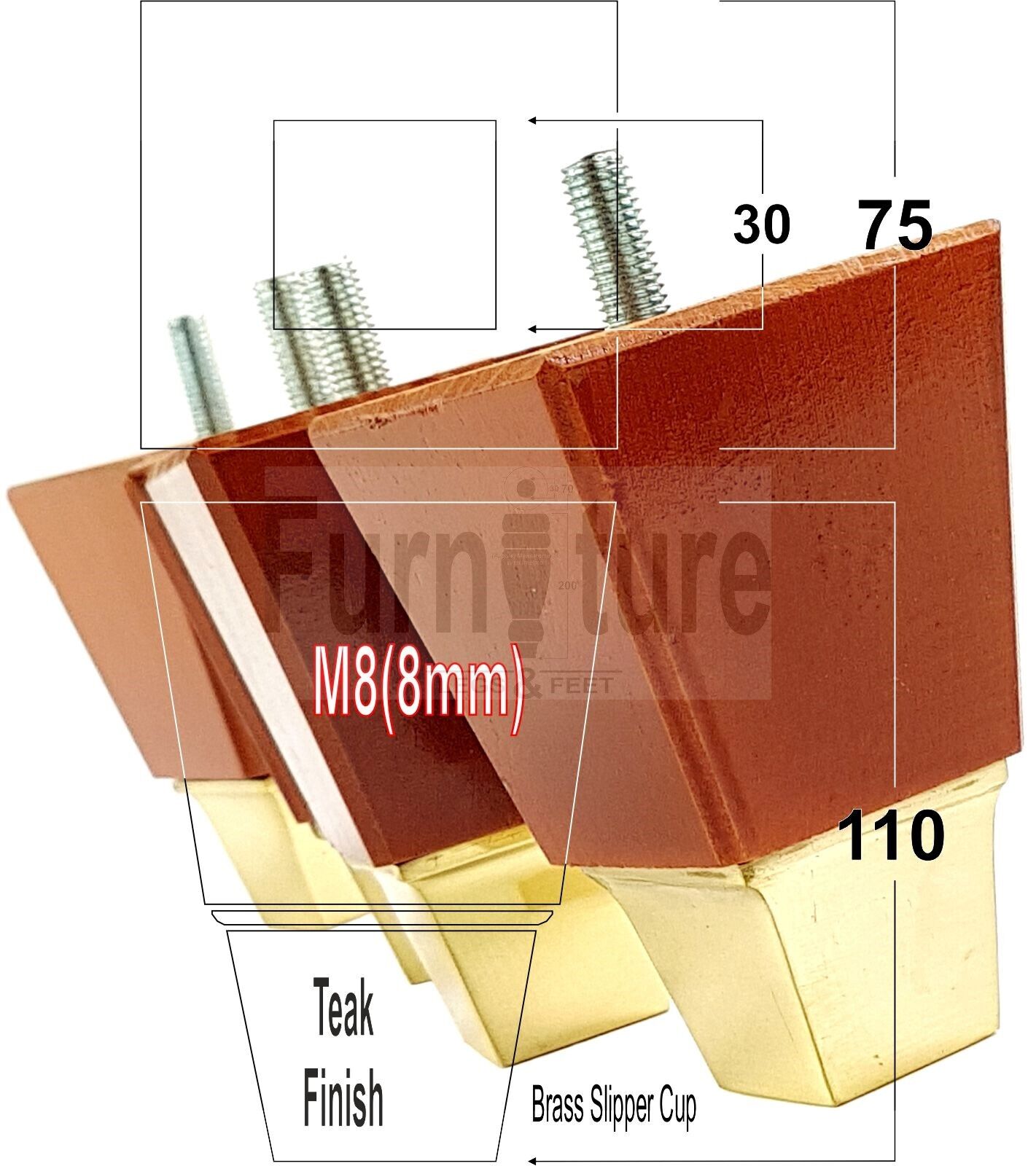 4x Block Wood With A Brass Slipper Cup Furniture Chair Settee Legs M8 Sofa Feet 110mm