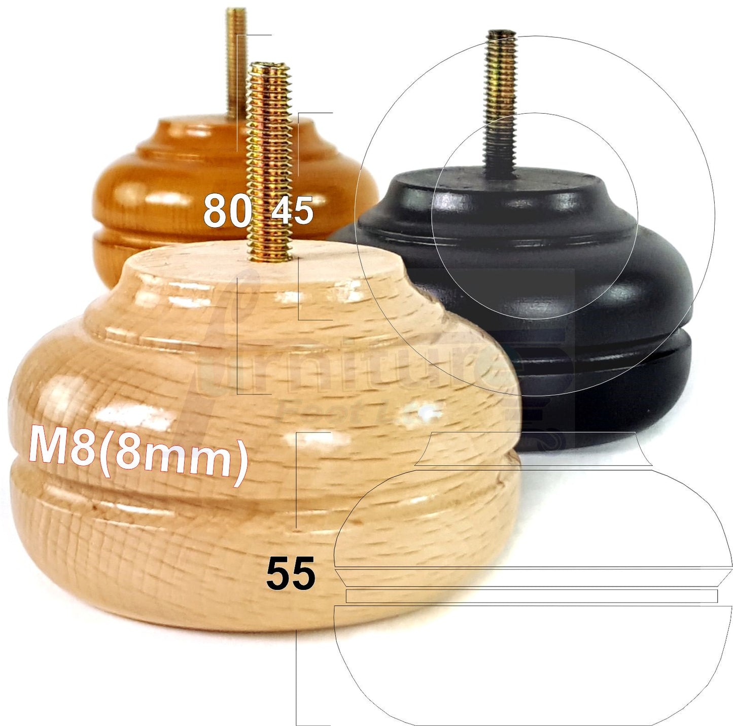4x Soild Turned Wood Replacment Furniture Legs Sofa Feet 55mm High 8mm Thread