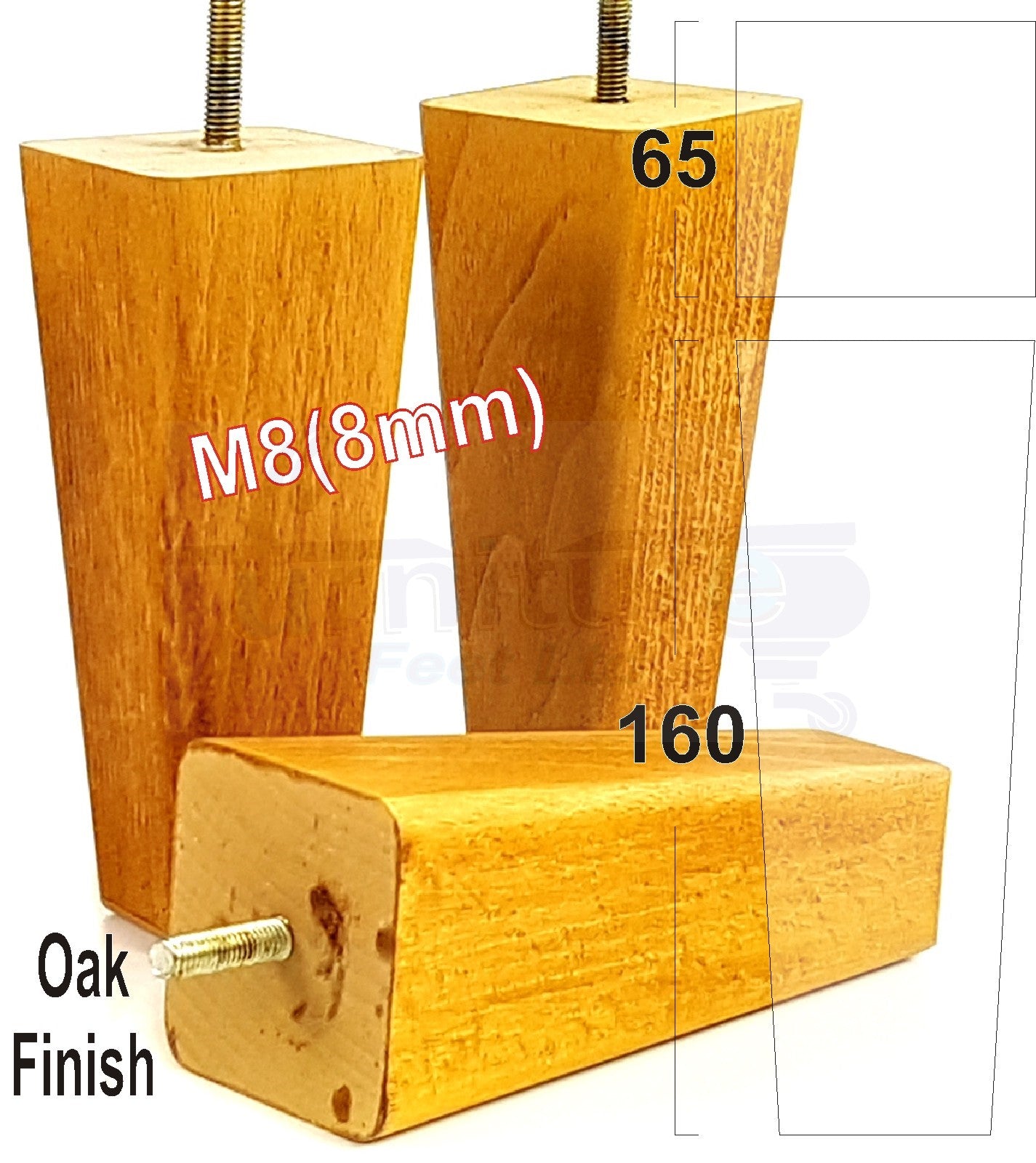 4x Wooden Furniture Legs 160mm High Replacement Square Tapered Feet 8mm