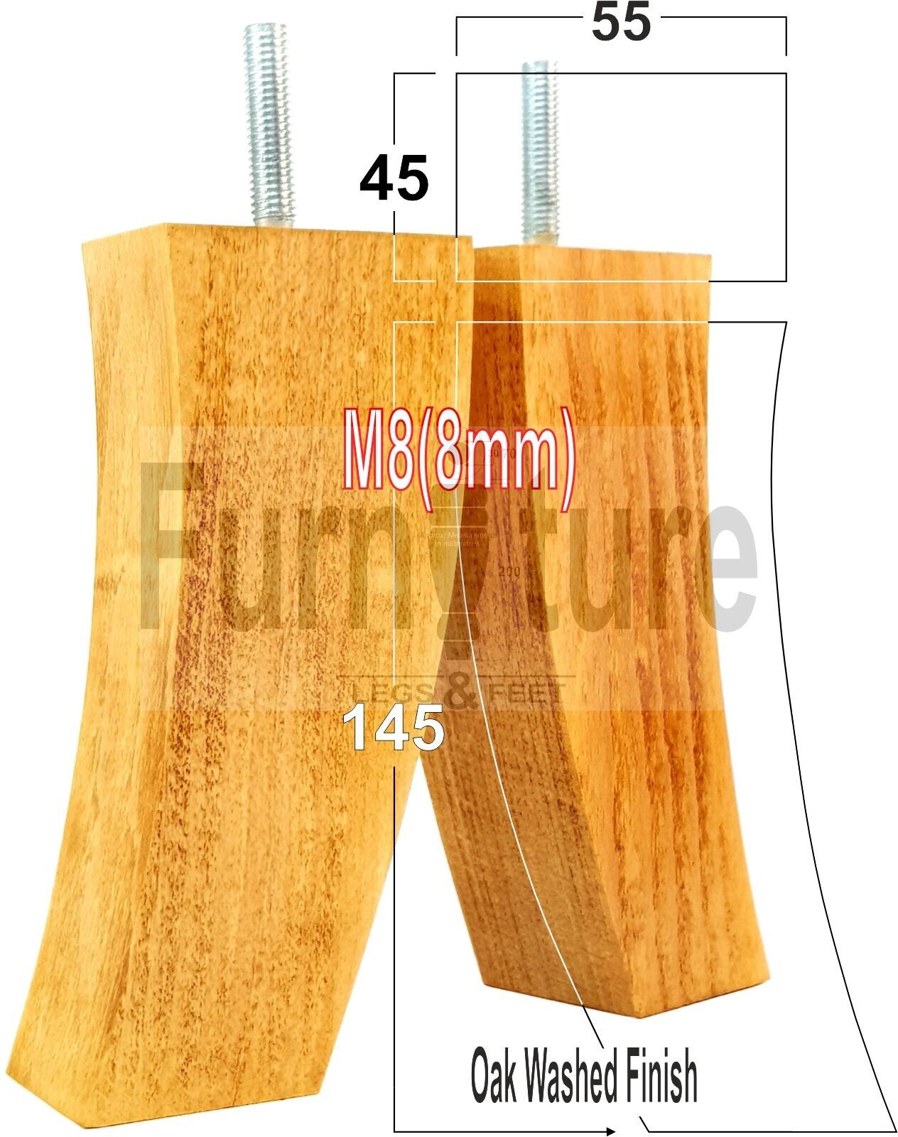 Set Of 4 Solid Wood Curved Furniture Feet Replacement Legs 145mm High M8(8mm)