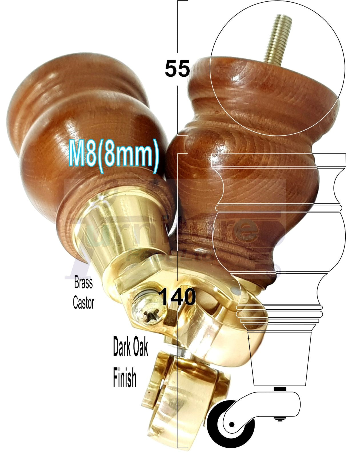Set Of 4 Turned Wood Furniture Legs With 150mm High Castor 8mm Thread For Chairs Settees & Cabinets Dark Oak Finish