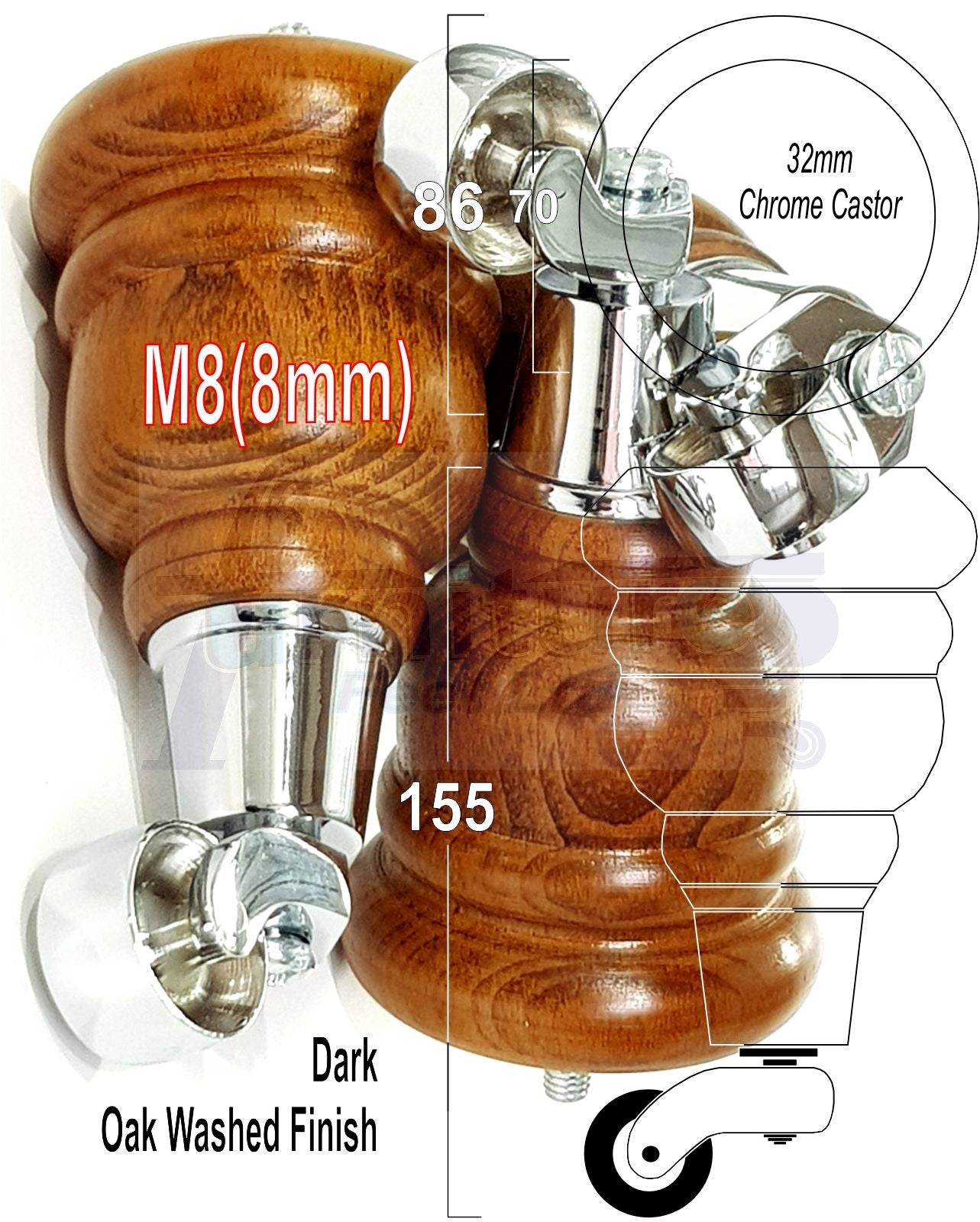 Wood Furniture Legs Replacement Feet 6 Inches With Castors 155mm High M8 - Dark Oak Wash