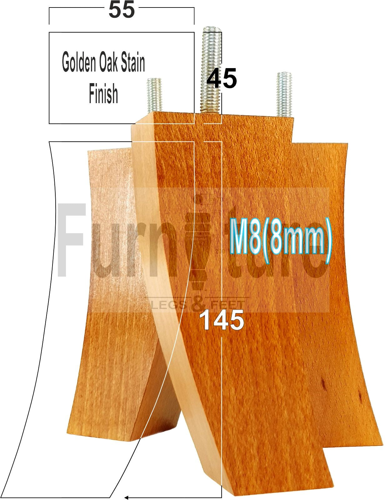 Set Of 4 Solid Wood Curved Furniture Feet Replacement Legs 145mm High M8(8mm)