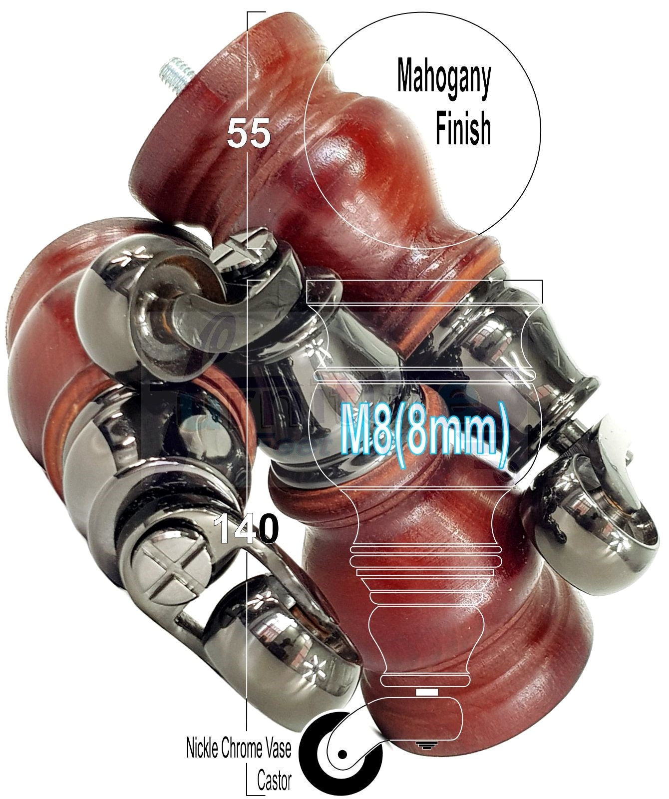 Set Of 4 Turned Wood Furniture Legs With140mm High Castor 8mm Thread For Chairs Settees & Cabinets
