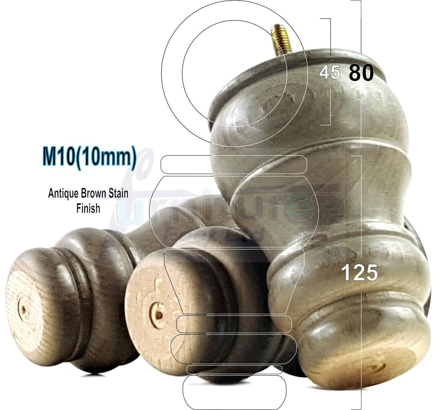 4 Turned Wood Furniture Legs M10 Thread Replacement Feet 125mm High Sofa Chairs Beds