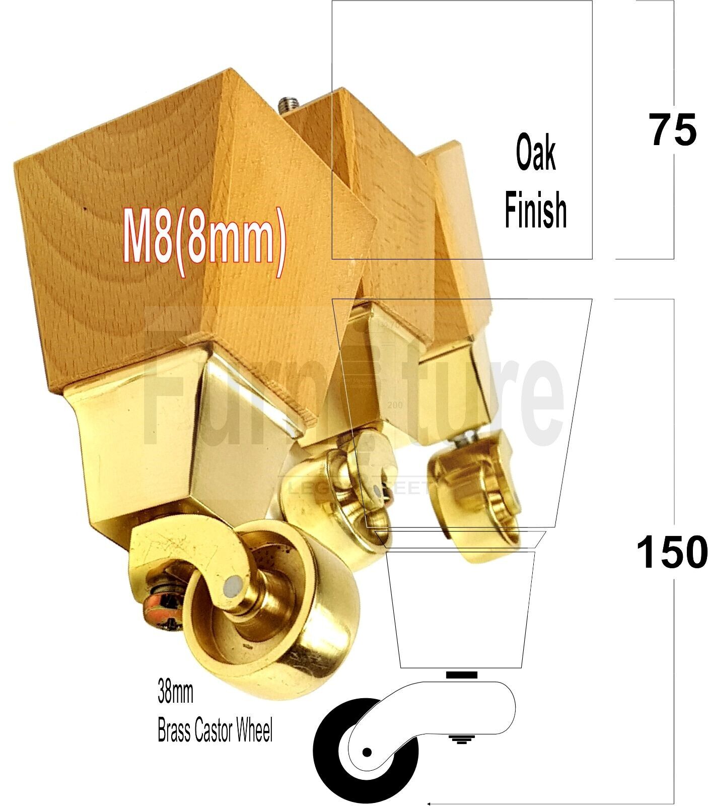 4x Block Wood Furniture Legs With Brass Castors For Sofa Chairs Settees 8mm Thread 150mm High