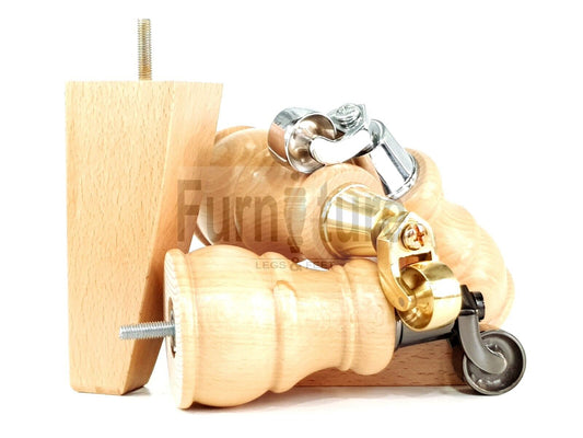 2 Wooden Castor Furniture Sofa Legs & 2 Curved Back Feet  Natural M8 Chair Settee Feet 160mm High