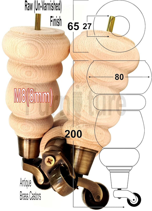 4x Turned Solid Wood Furniture Legs Replacement Feet 200mm High 8mm Thread