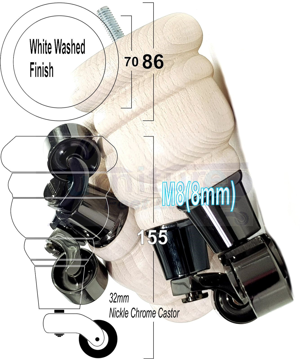 4 Turned Wooden Replacement Furniture Legs with Castors 6 Inch 155mm High Sofa Feet M8 Dowl Fixing - Black Castor