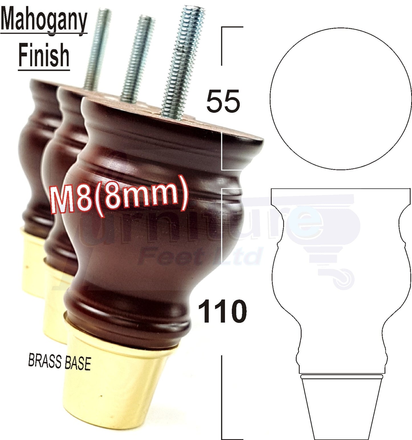 4x Turned Wood Furniture Feet M8(8mm) With Slipper Cup Chair Sofa Settee Legs 110mm