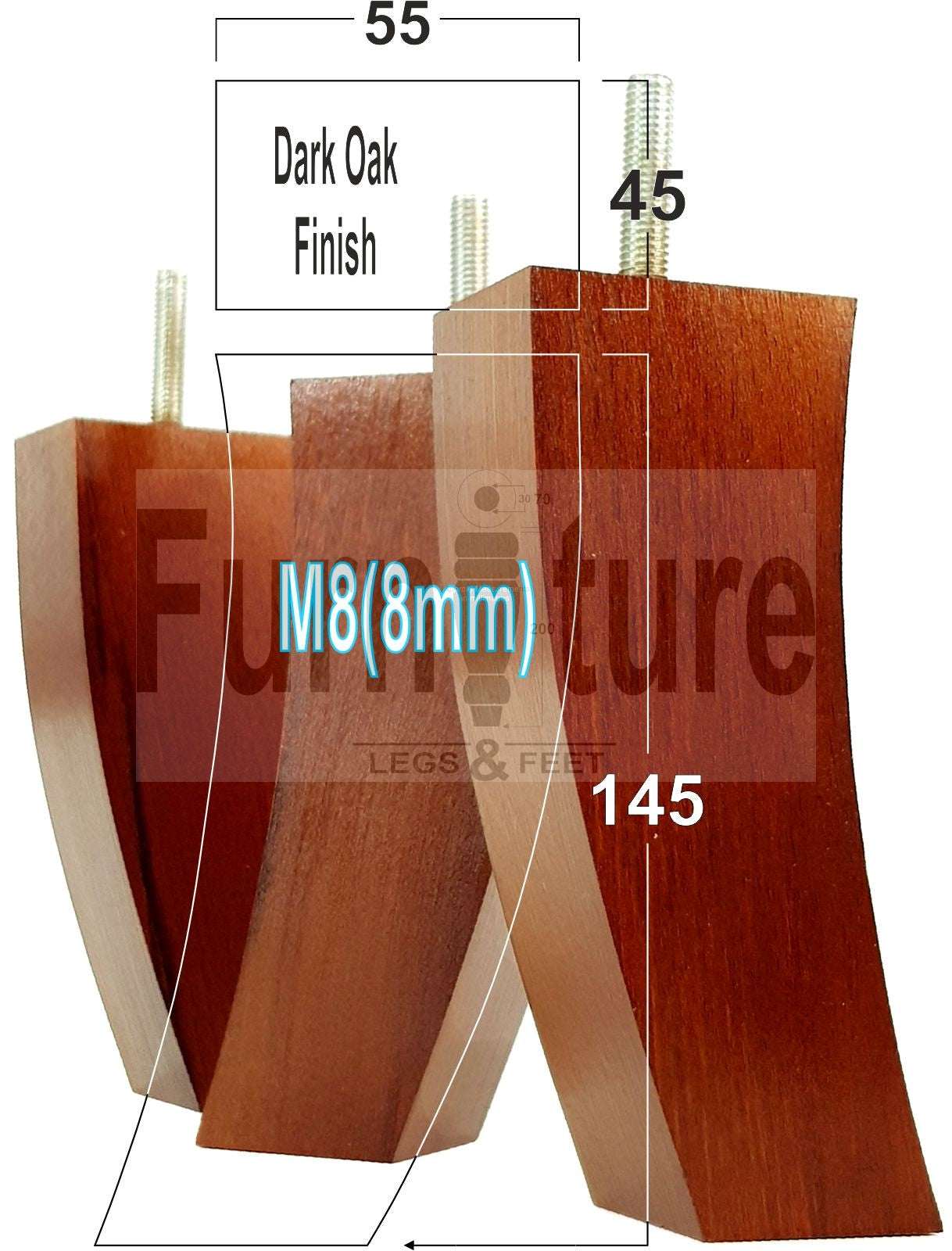 Set Of 4 Solid Wood Curved Furniture Feet Replacement Legs 145mm High M8(8mm)