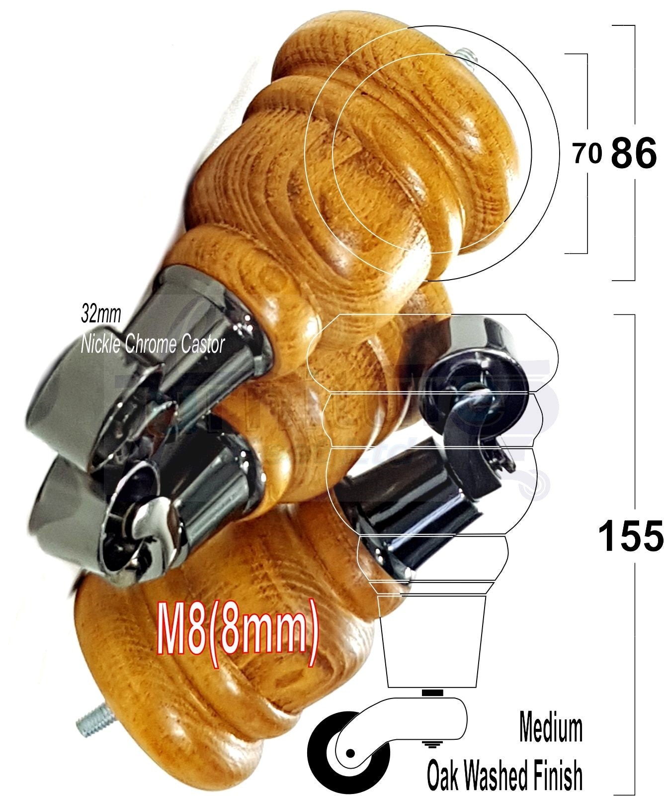 4 Turned Wood Furniture Feet With Black Chrome Castors 155mm Legs Sofas Chairs Stools Cabinets Beds M8 6 Inches