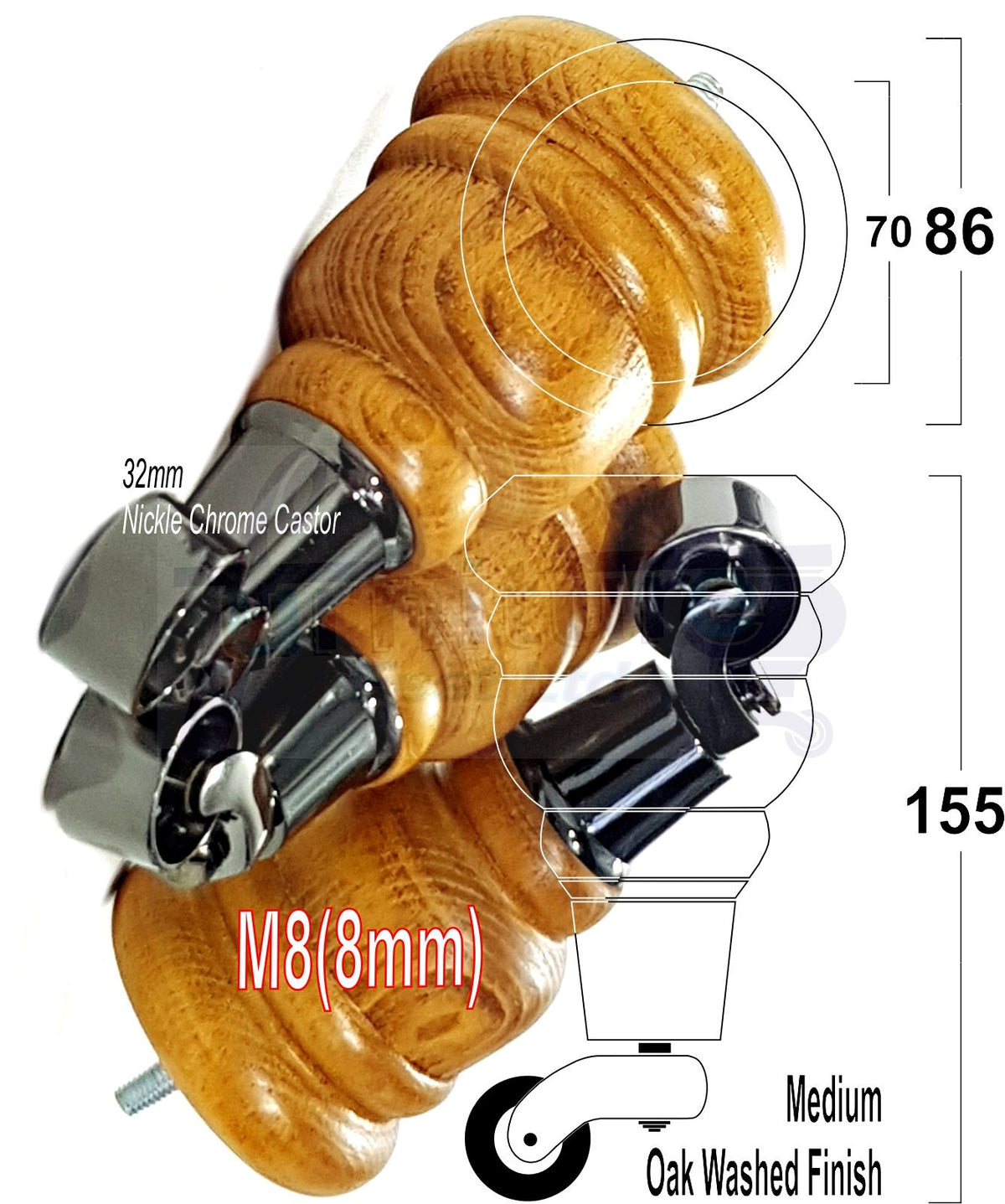 4 Turned Wooden Replacement Furniture Legs with Castors 6 Inch 155mm High Sofa Feet M8 Dowl Fixing - Black Castor