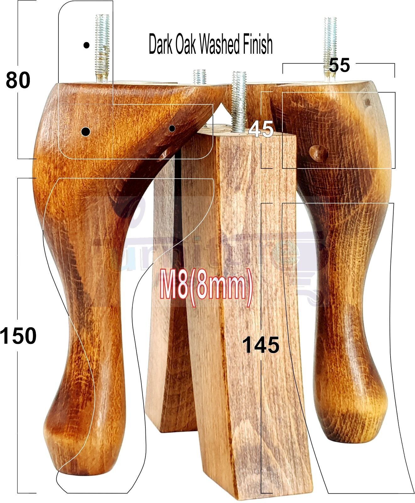 2x Vintage Queen Anne Replacement Furniture Legs & 2x Curved Back Feet 150mm 6 Inch High 8mm Thread