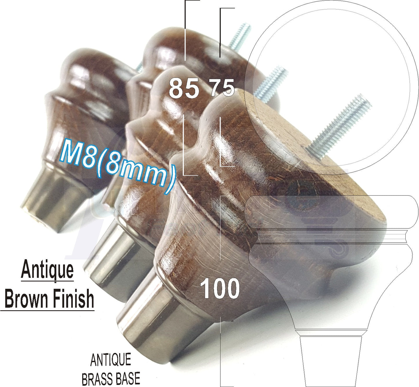4x Turned Wood Furniture Feet M8(8mm) With Slipper Cup Chair Sofa Settee Legs 110mm