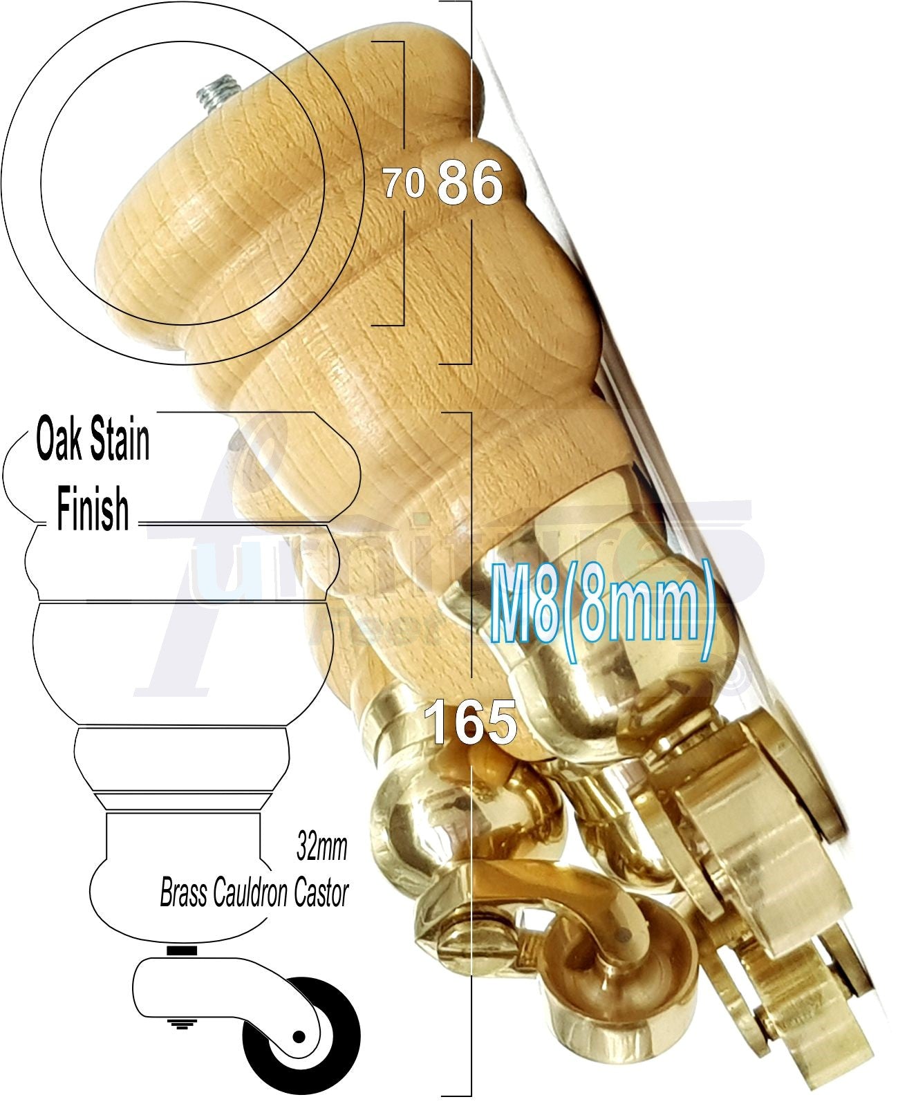 4 Turned Wood Furniture Feet With Brass Cauldron Castors 160mm Legs Sofas Chairs Stools Cabinets Beds M8 6 Inches