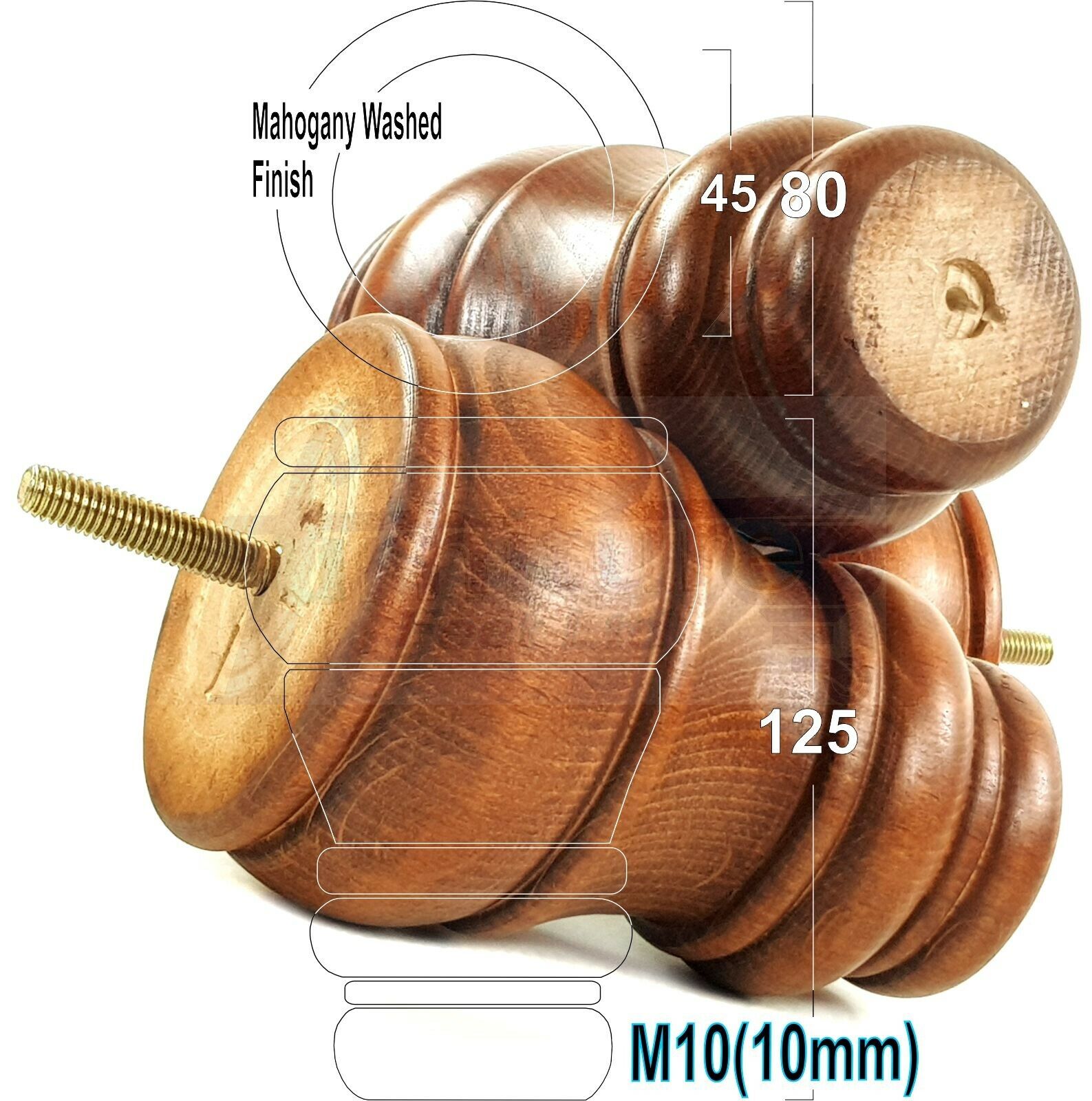 4 Turned Wood Furniture Legs M10 Thread Replacement Feet 125mm High Sofa Chairs Beds