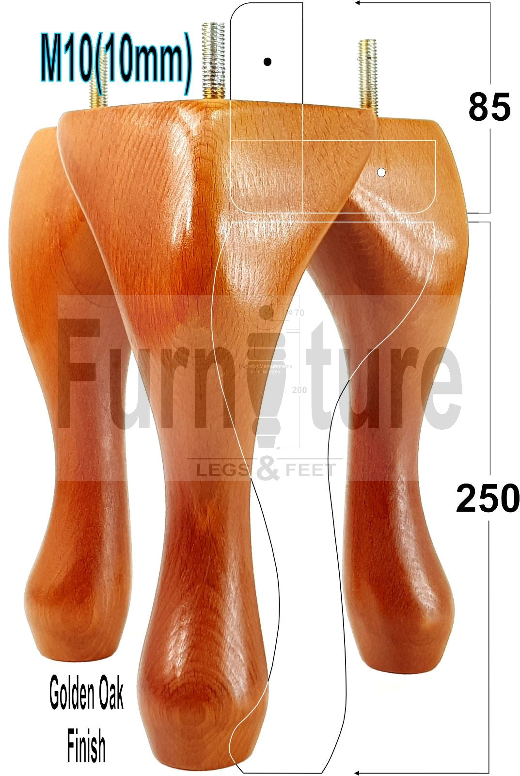 4 Replacement Traditional Queen Anne Furniture Leg 250mm High Sofa Chair Beds M10 Thread