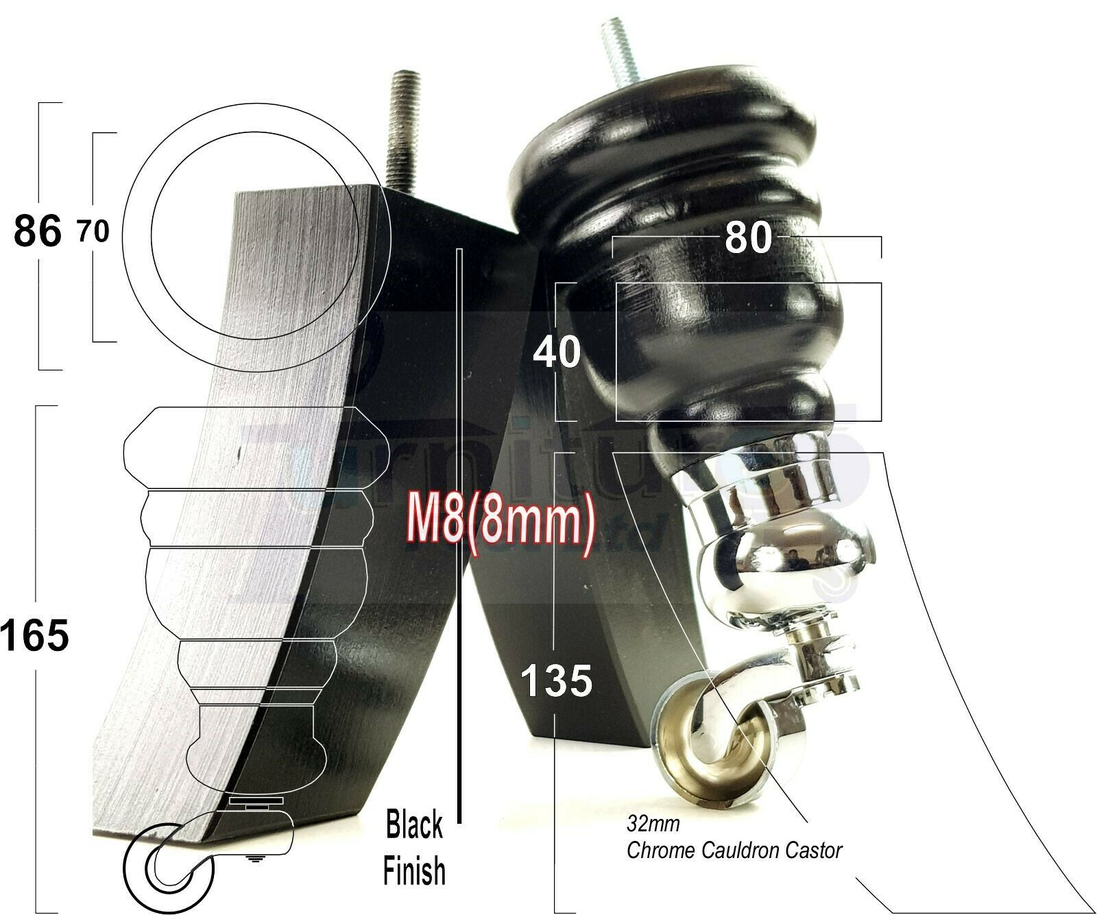 Black Turned Wood Furniture Feet 2 With Castors 155mm and 2 Curved Back Legs Sofas Chairs Stools Cabinets Beds M8 6 Inches