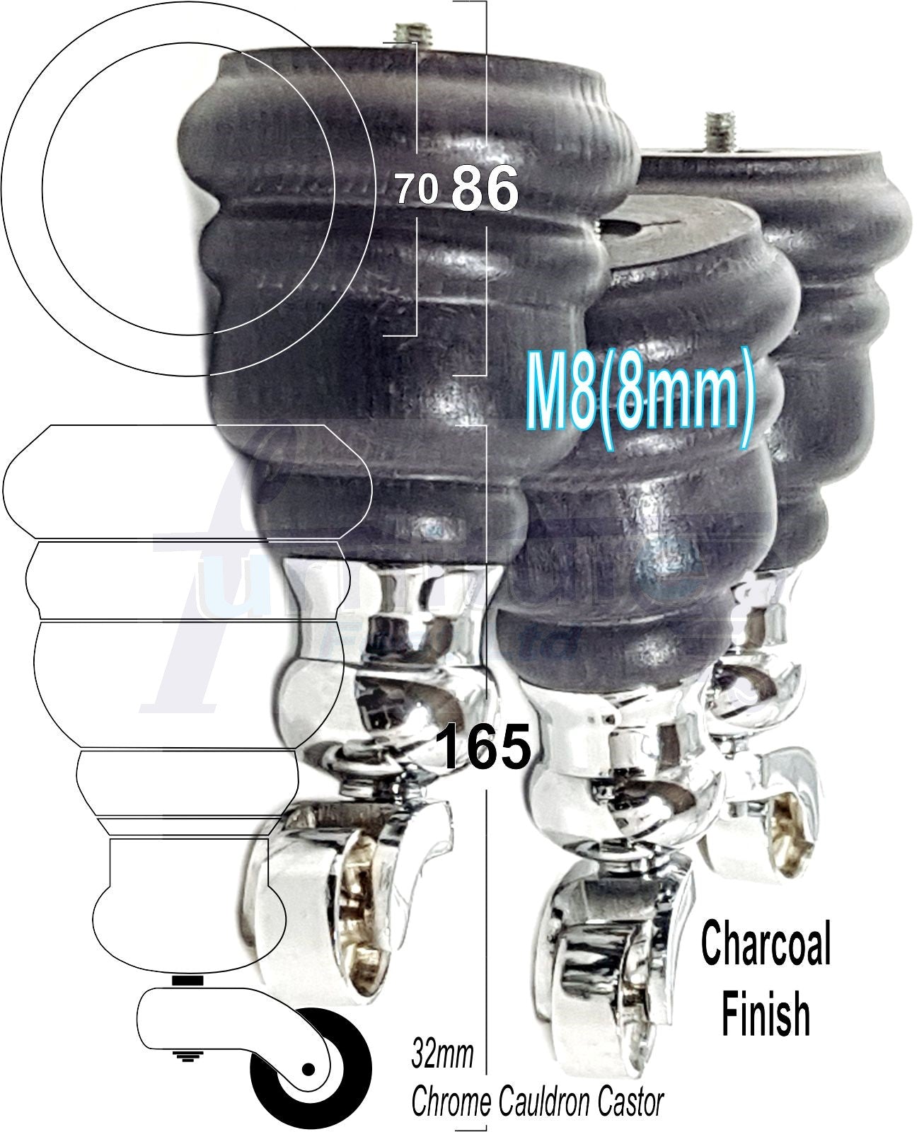 4 Turned Wood Furniture Feet With Chrome Cauldron Castors 155mm Legs Sofas Chairs Stools Cabinets Beds M8 6 Inches