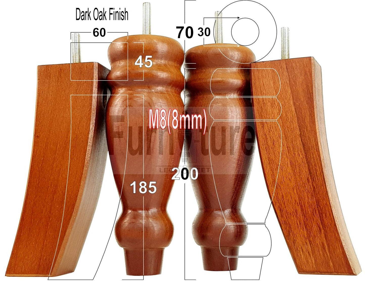 2 Traditional Turned Furniture Feet Replacement Sofa Legs 200mm & 2 Curved Back Legs 185mm for Chairs Stools Sofa Beds Settee Cabinets M8