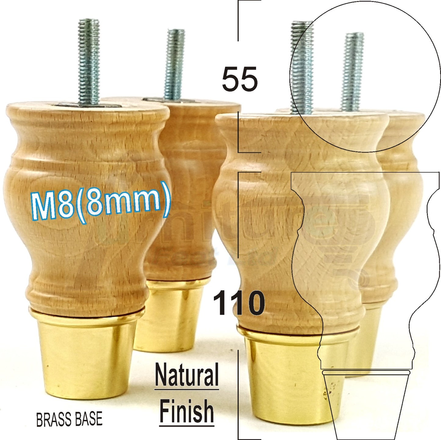 4x Turned Wood Furniture Feet M8(8mm) With Slipper Cup Chair Sofa Settee Legs 110mm